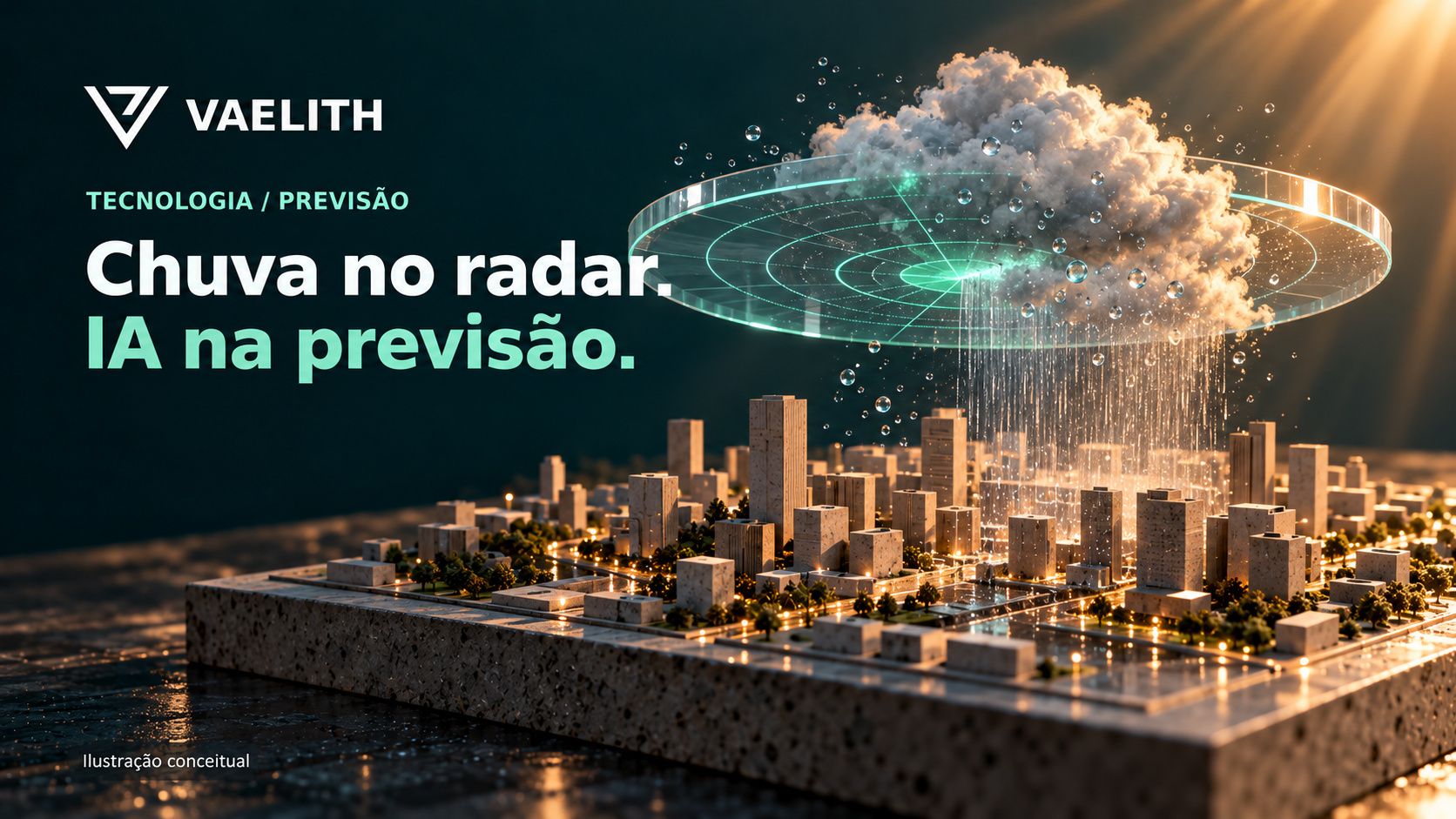 Radar e representação conceitual de chuva sobre uma cidade; chamada Chuva no radar. IA na previsão.