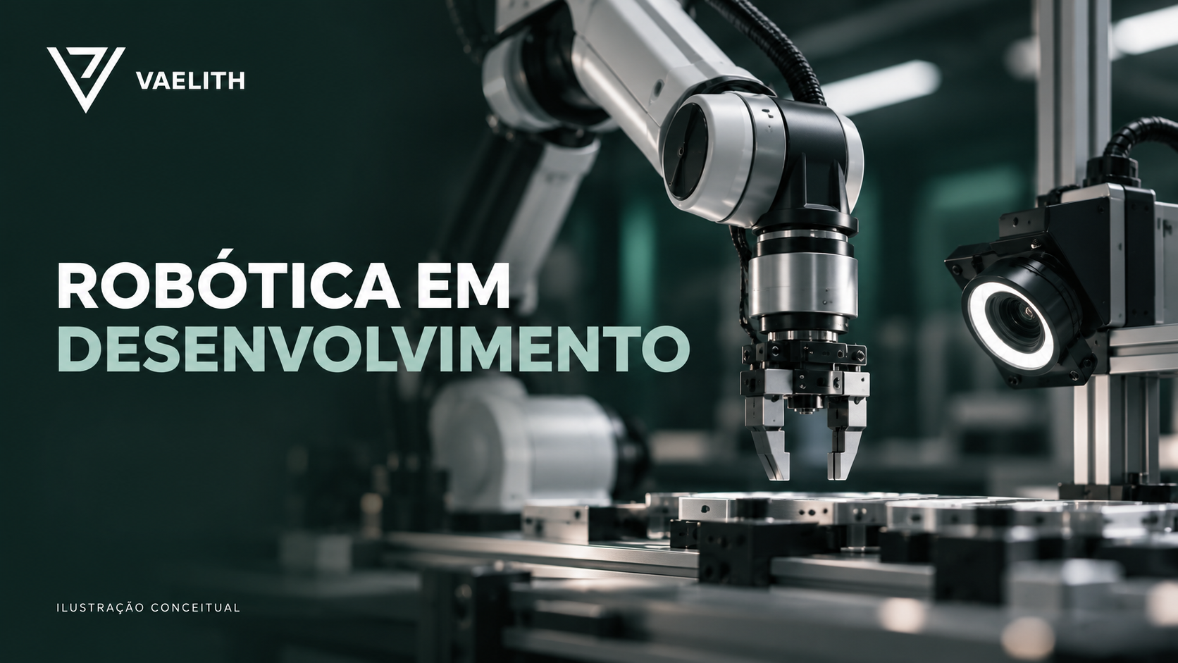 Representação conceitual de braço robótico e câmera de visão industrial.
