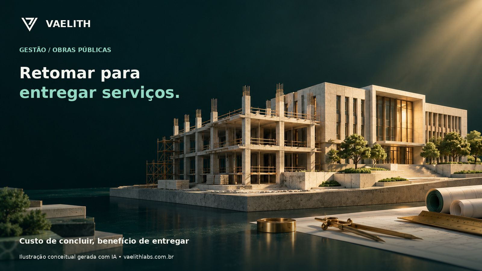 Edifício público imaginário em diferentes fases de construção; ilustração conceitual.