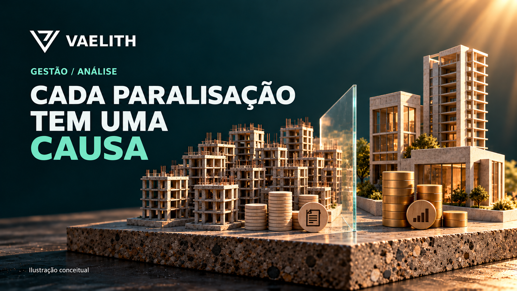 Maquetes de obras e elementos financeiros em composição conceitual; chamada Cada paralisação tem uma causa.