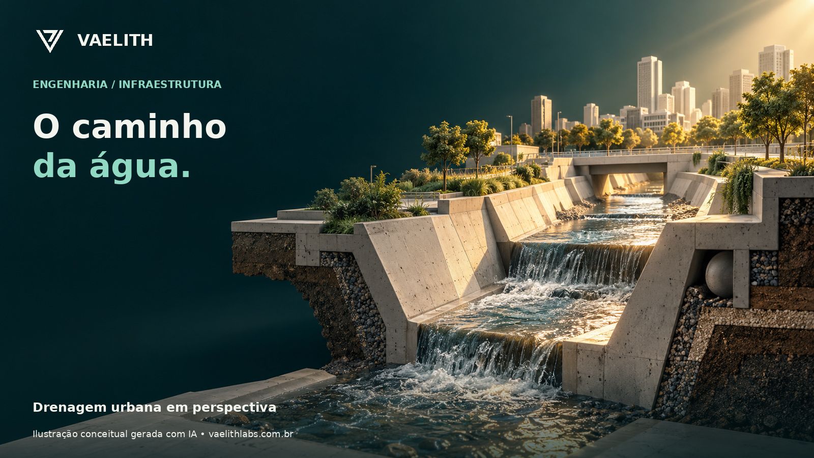 Canal de drenagem urbano em corte ilustrativo, com água e estruturas de concreto; cena conceitual.