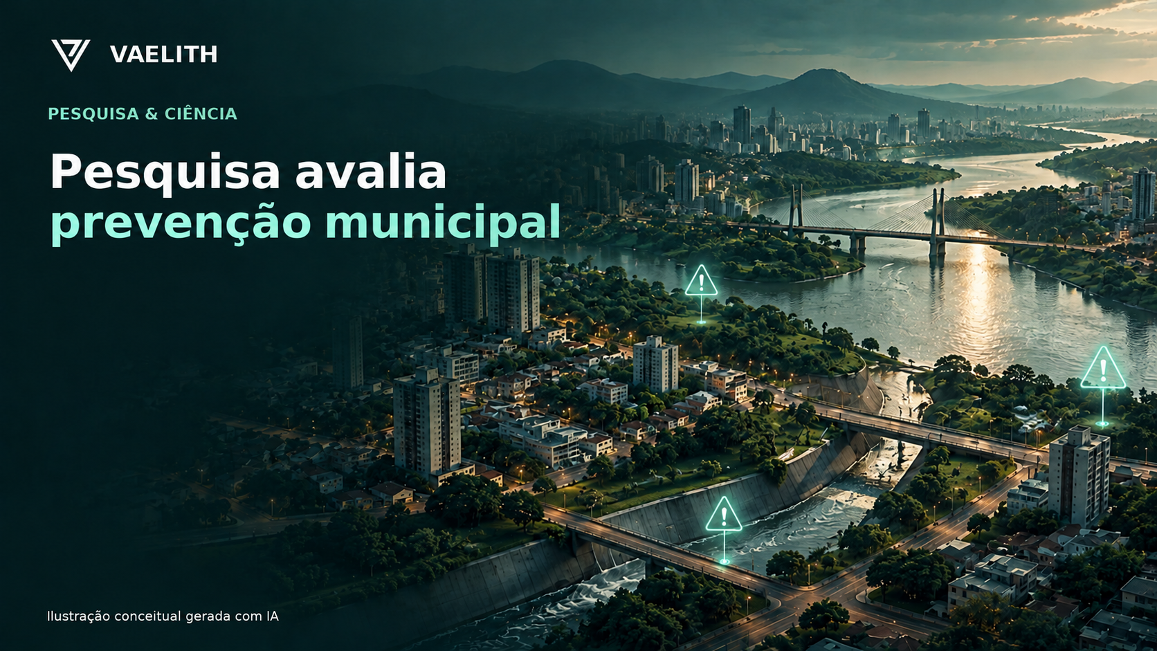 Ilustração conceitual de prevenção municipal de desastres; não representa resultado visual do estudo COPE.