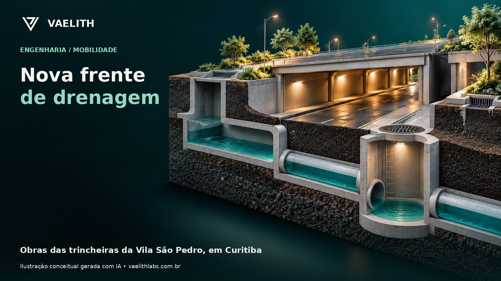 Modelo conceitual de travessia urbana e redes de drenagem; não representa o projeto de Curitiba.