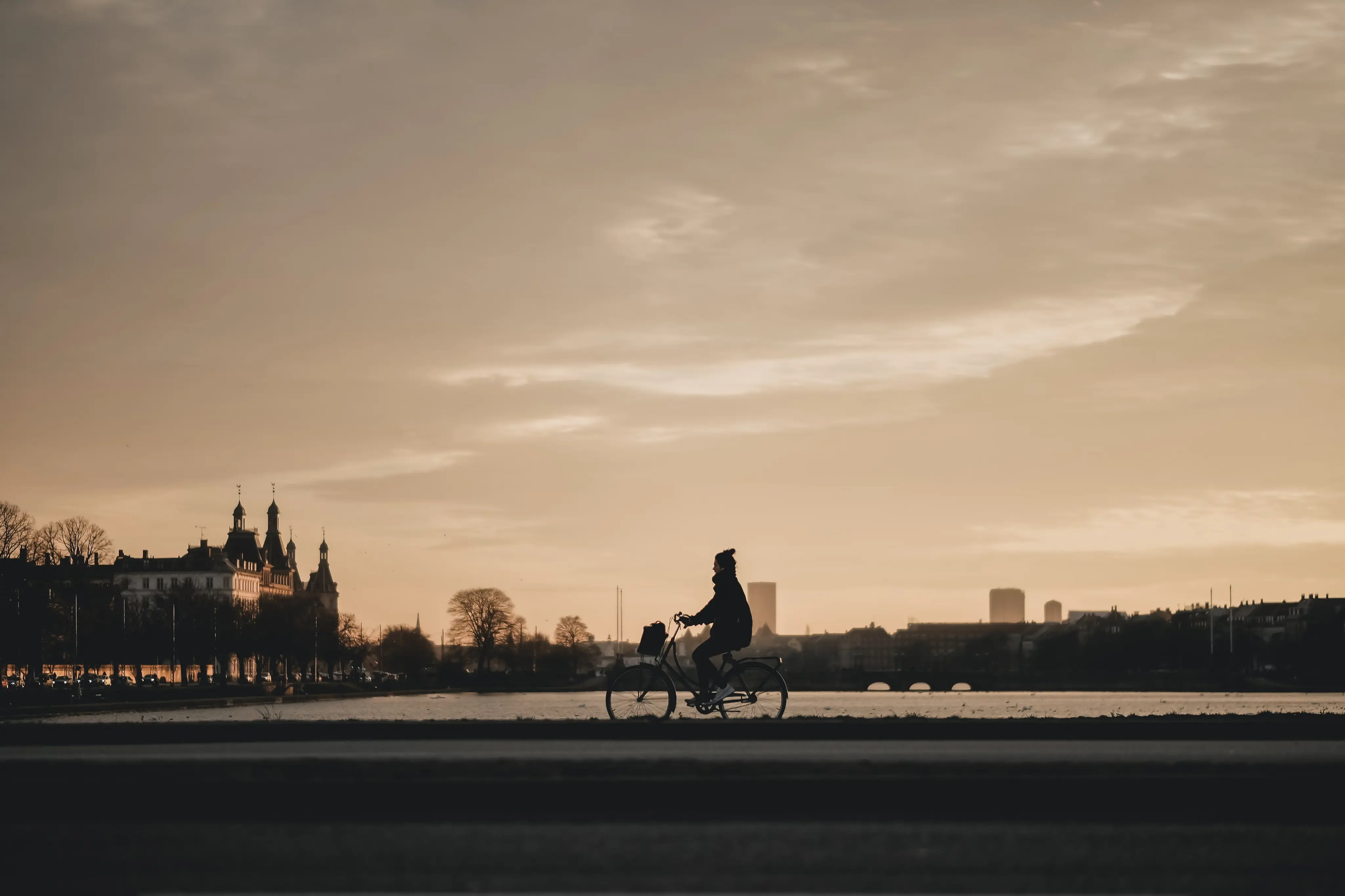 Person riding a bicycle by the water in Copenhagen at sunset.