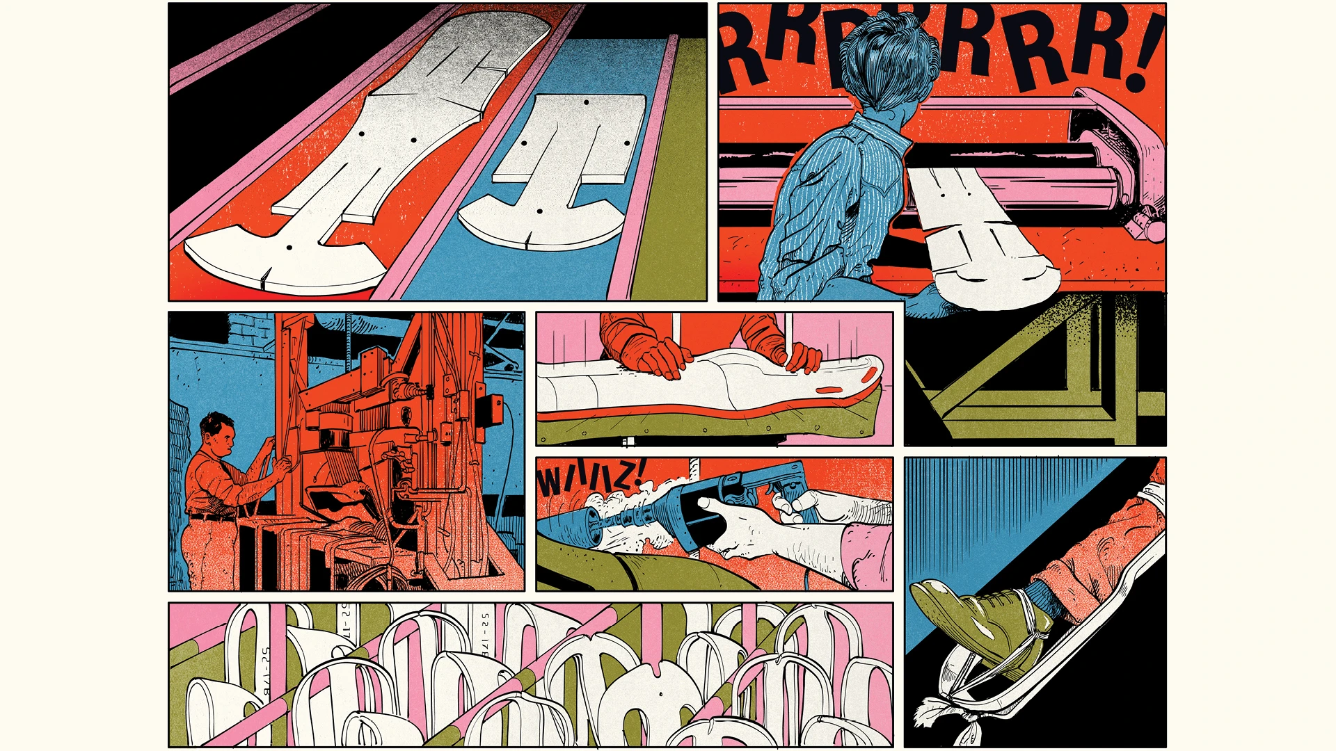Several colorful illustrations of Eames designed molded plywood leg splints.