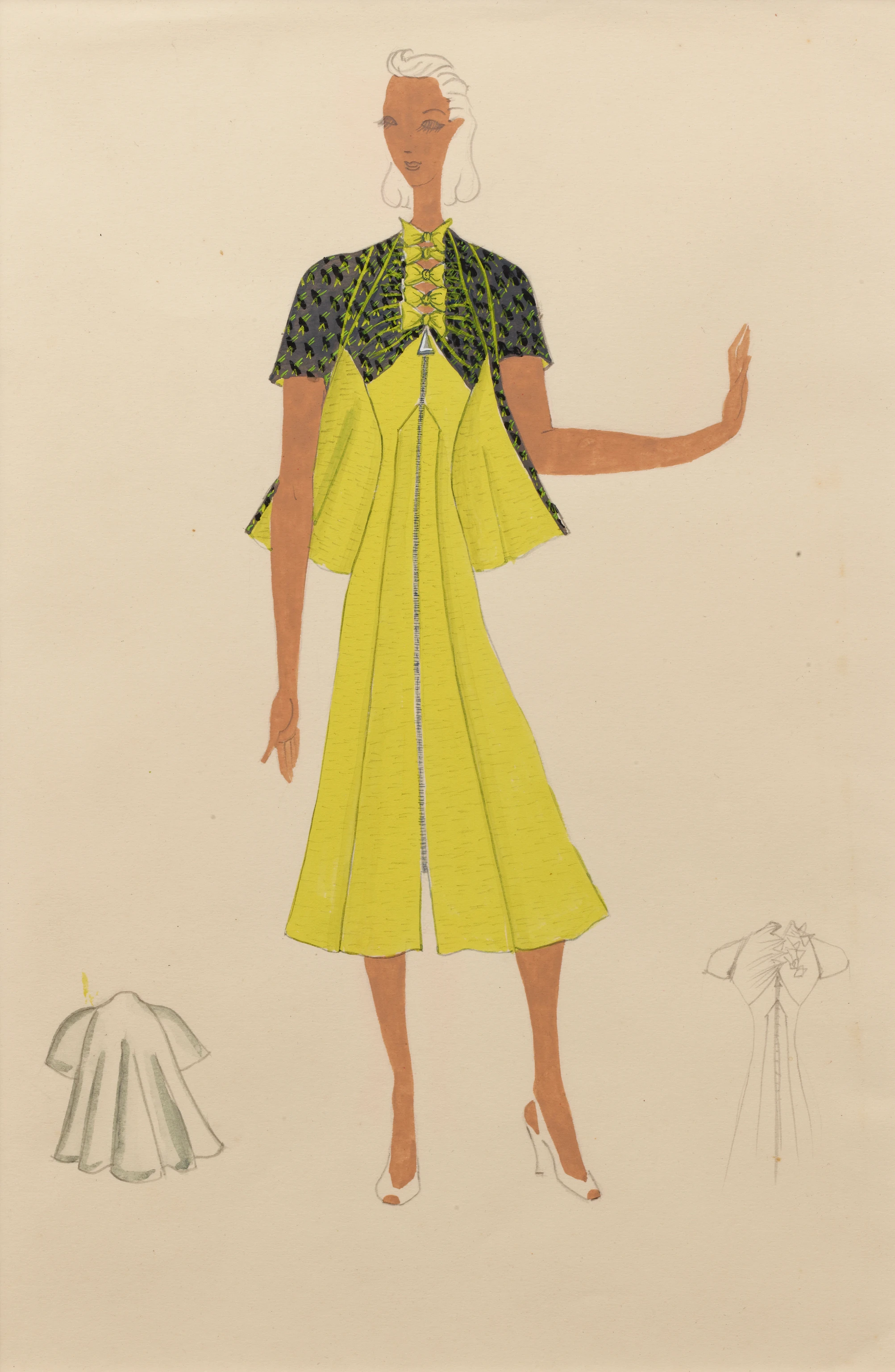 Fashion drawing by Ray Eames of a yellow dress with a patterned black and yellow jacket.