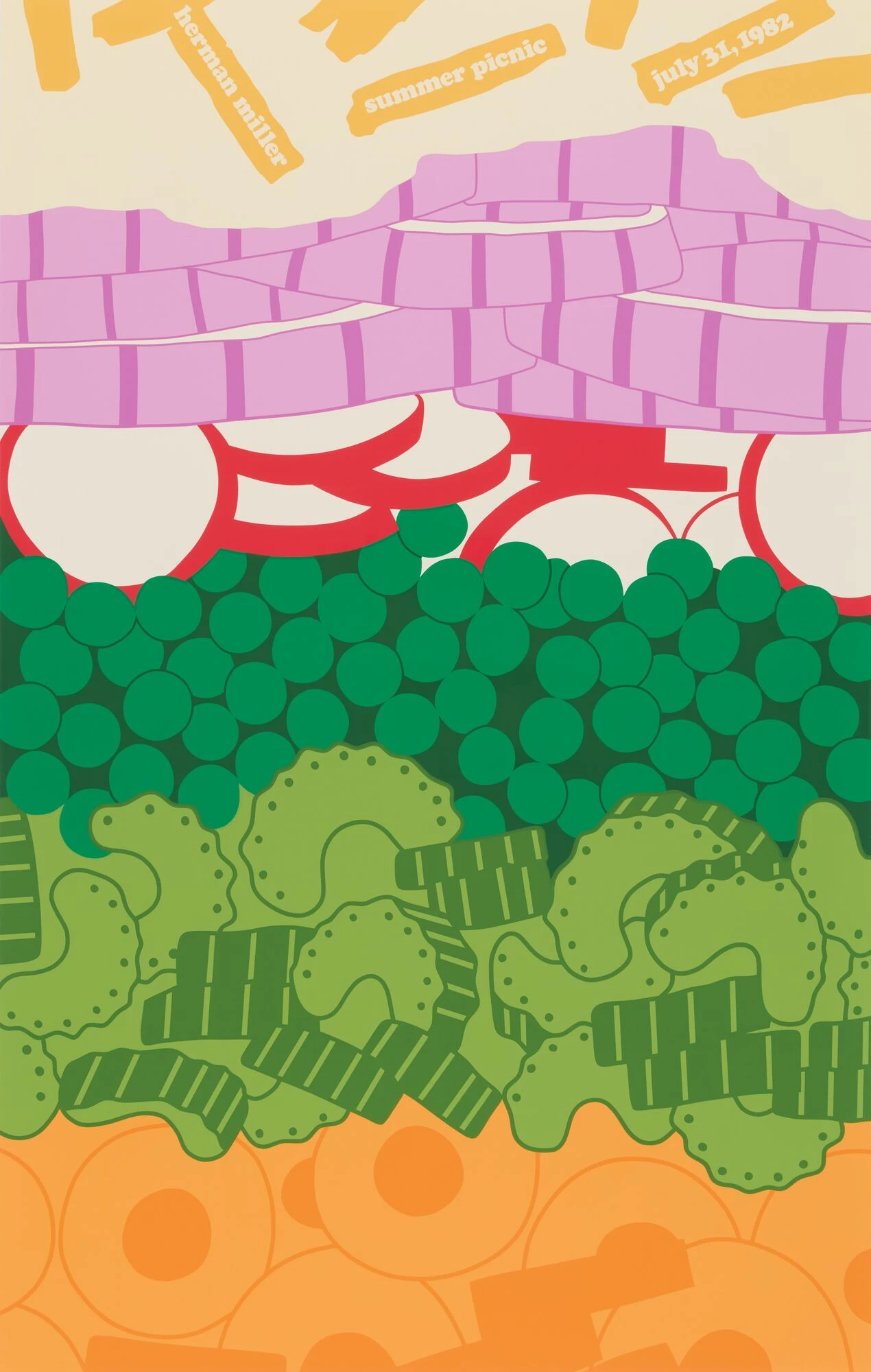 1982 summer picnic poster design by Steve Frykholm, featuring a close up of layers of onions, radishes, green peas, and chopped celery.