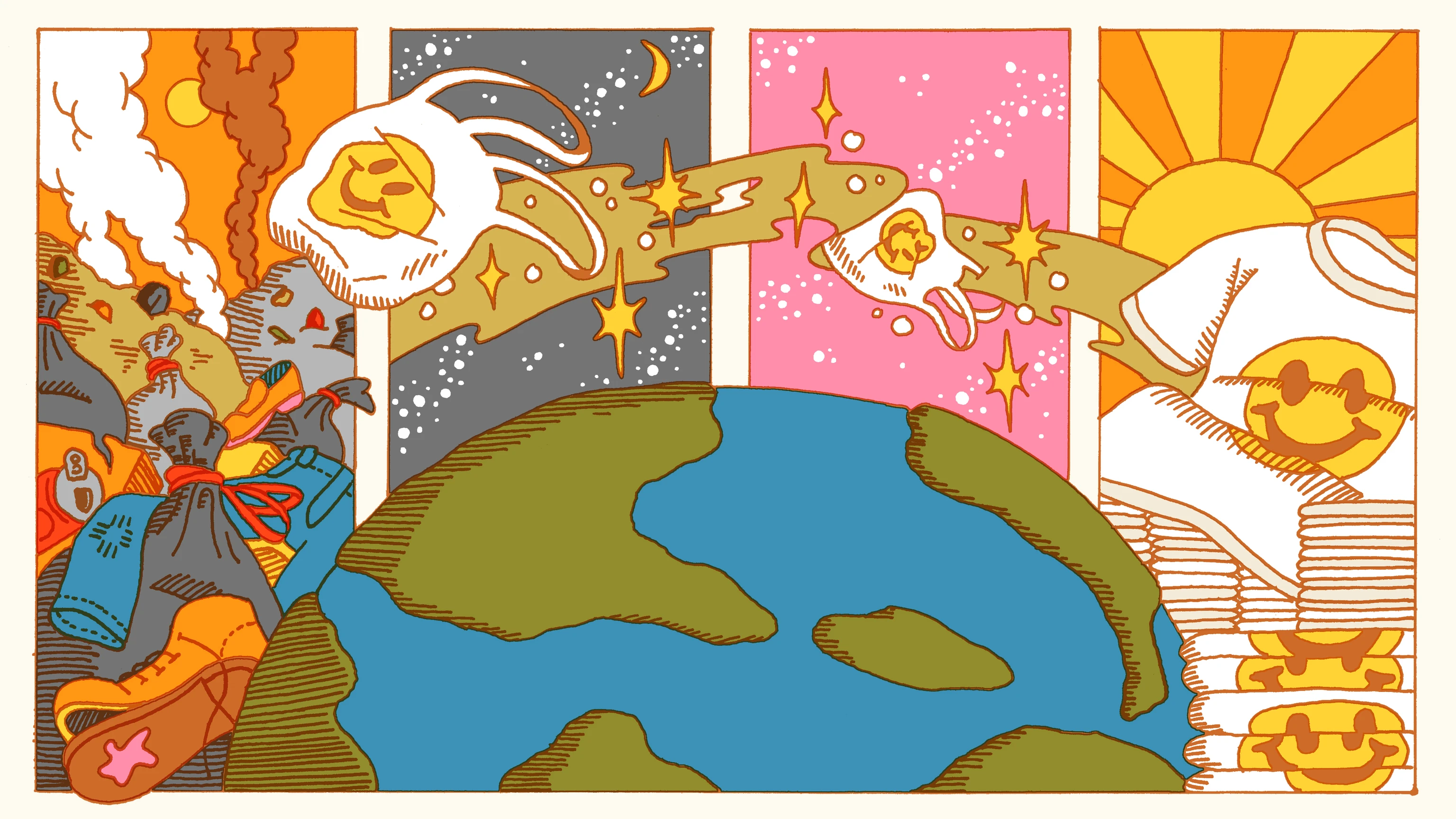 Illustration depicting sustainable design issues such as zero waste, circularity, and the circular economy.