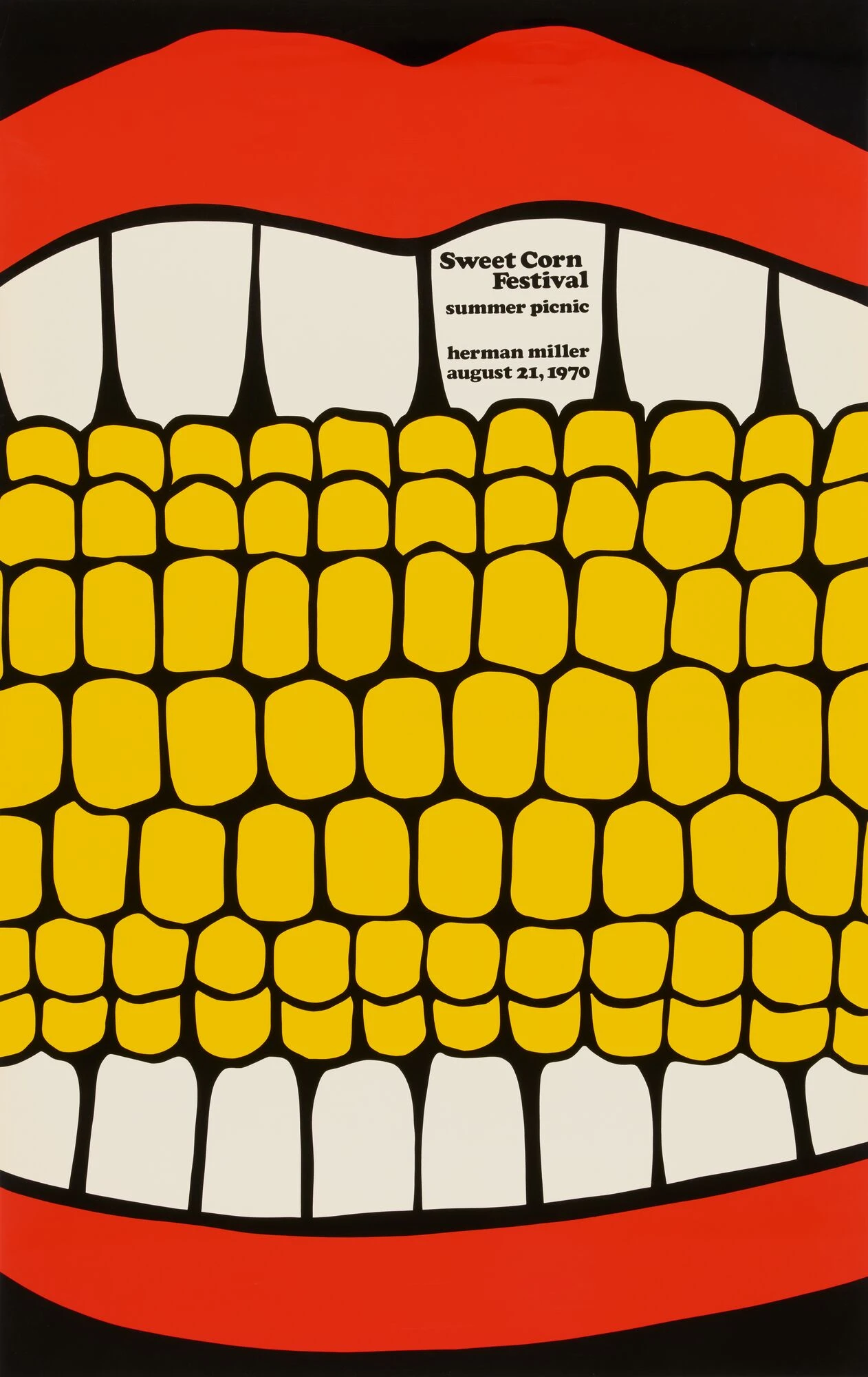 Herman Miller 1970 summer picnic poster design by Steve Frykholm, featuring a close up of a mouth with an ear of corn.