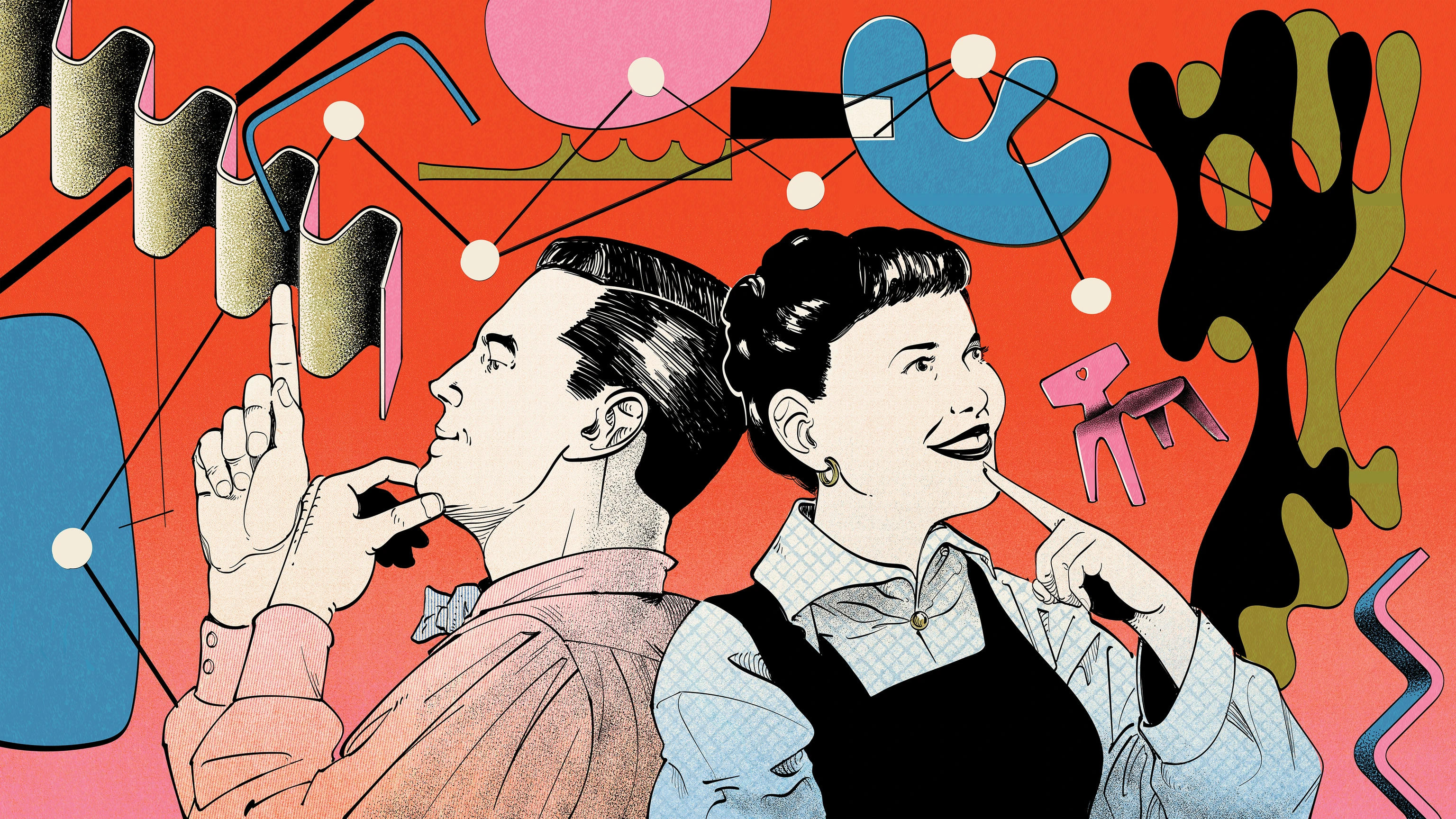 Ray and Charles Eames (shown in a colorful illustration) designers of the Kazam! machine made to mold plywood.