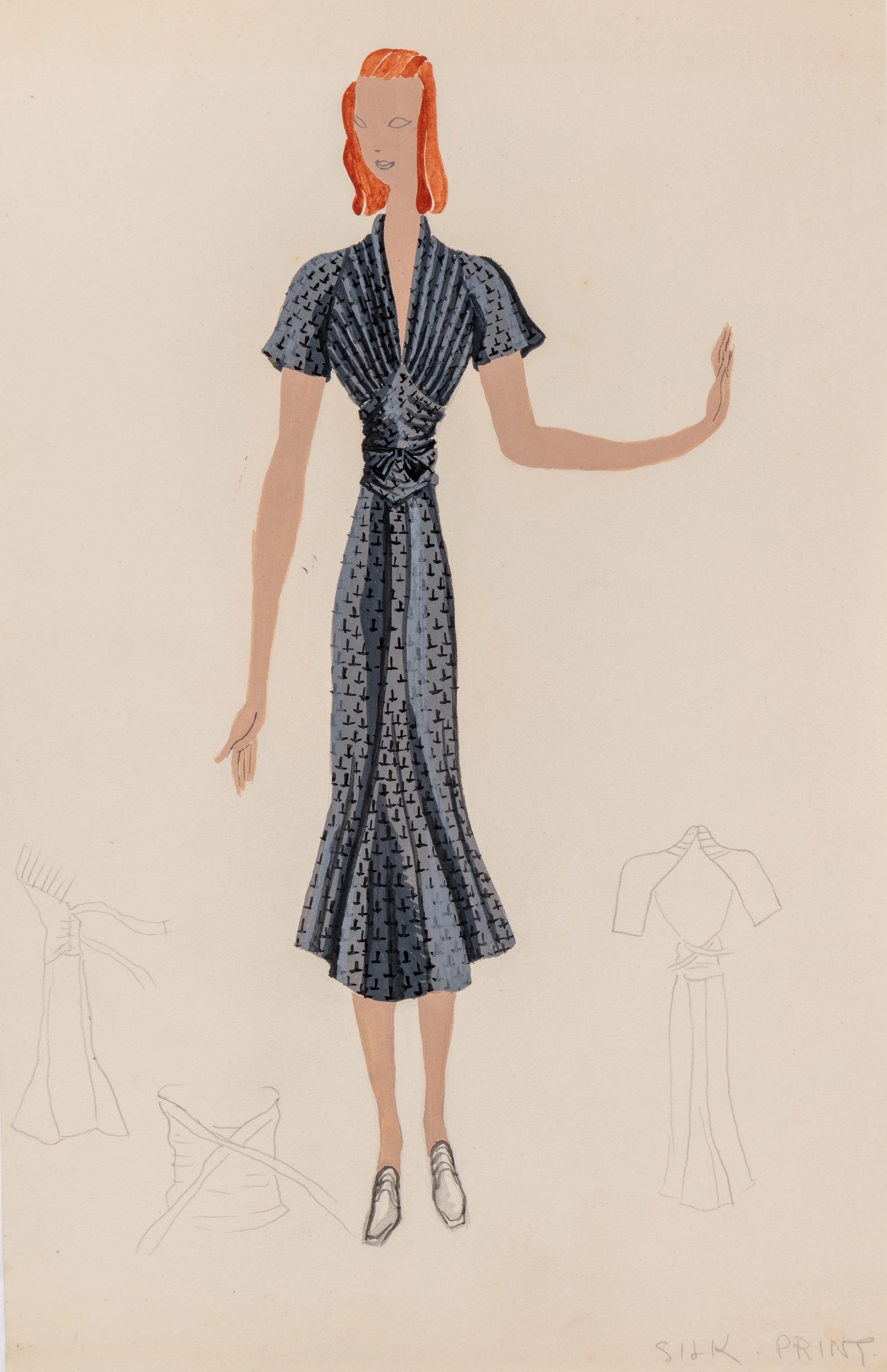 Ray Eames fashion drawing of a patterned black dress with pleats and a bow at the waist.