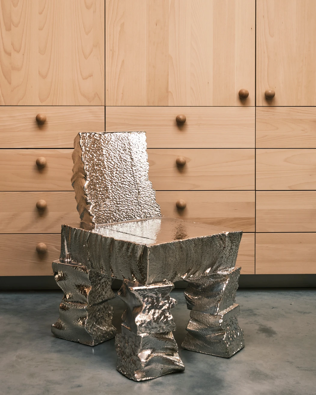 Furniture designer Max Lamb built his Silver Nitrate Scrap Poly Chair, for Salon 94 Design, from his studio’s unused polystyrene scraps.