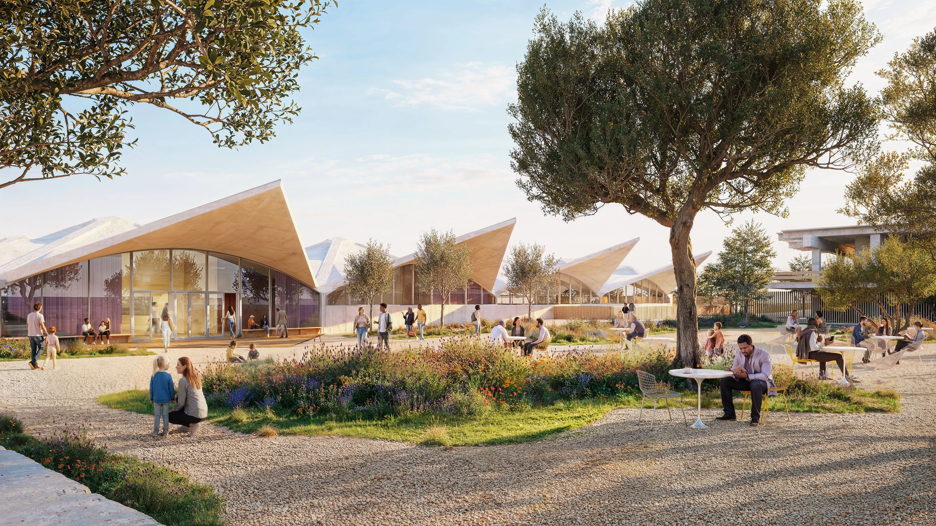 Angled side view rendering of Upper Court at the future Eames Institute Museum featuring gardens and meandering pathways.