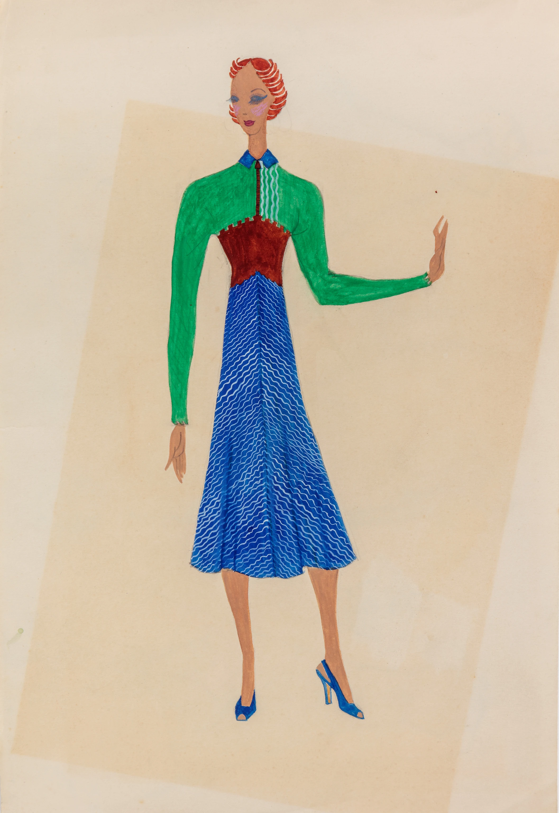 Fashion drawing by Ray Eames features a blue and red patterned dress with a green bolero jacket.