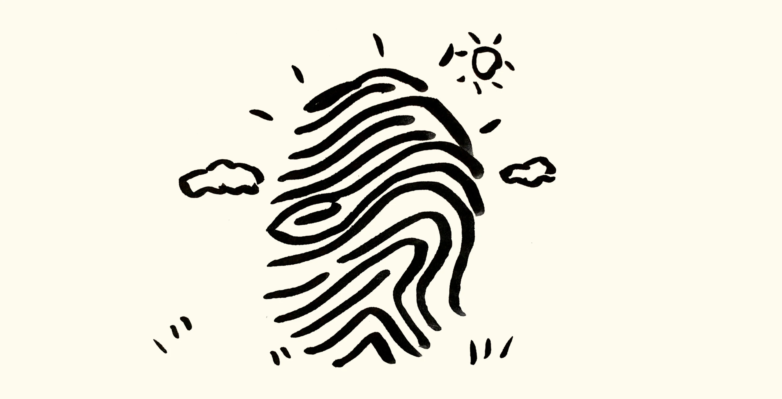 Illustration by designer and paper engineer, Kelli Anderson of an abstract thumbprint surrounded by clouds and the sun.