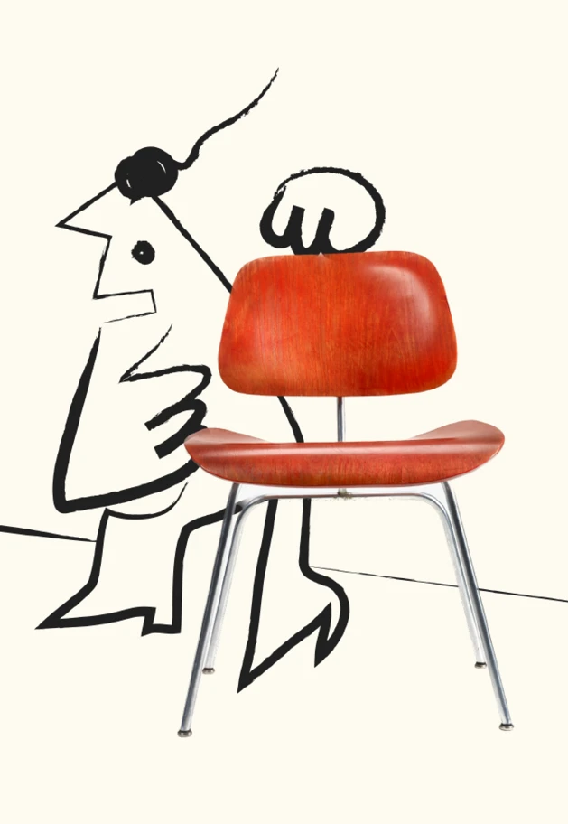 Eames molded plywood chair paired with bold, minimal line drawing, Kazam! Magazine.