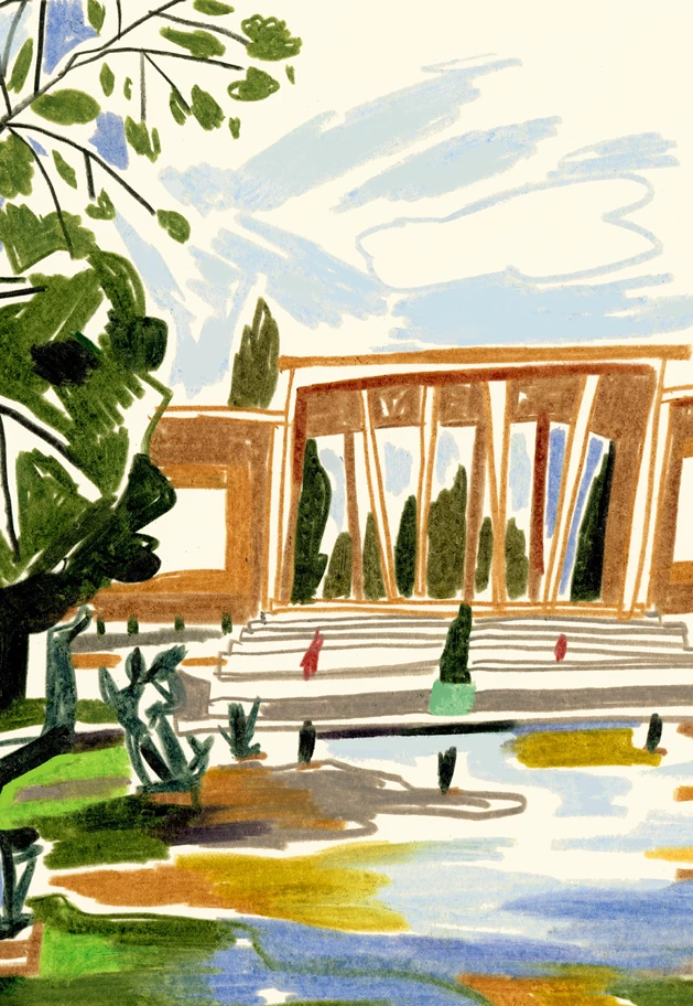 Watercolor exterior rendering of the Cranbrook Art Museum in Bloomfield Hills, Michigan.