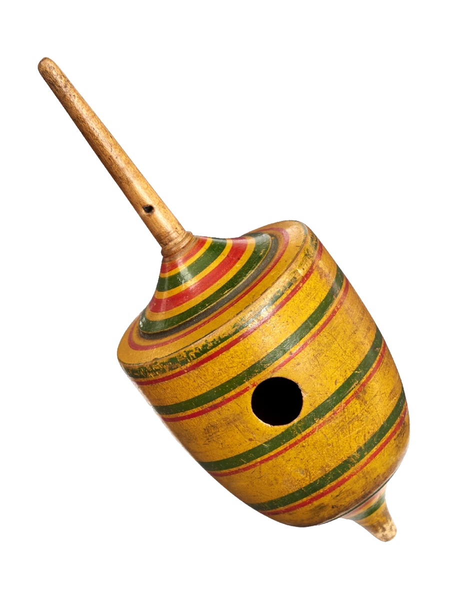 English wooden top with red and green stripes, just one of the many tops collected by the Eameses.
