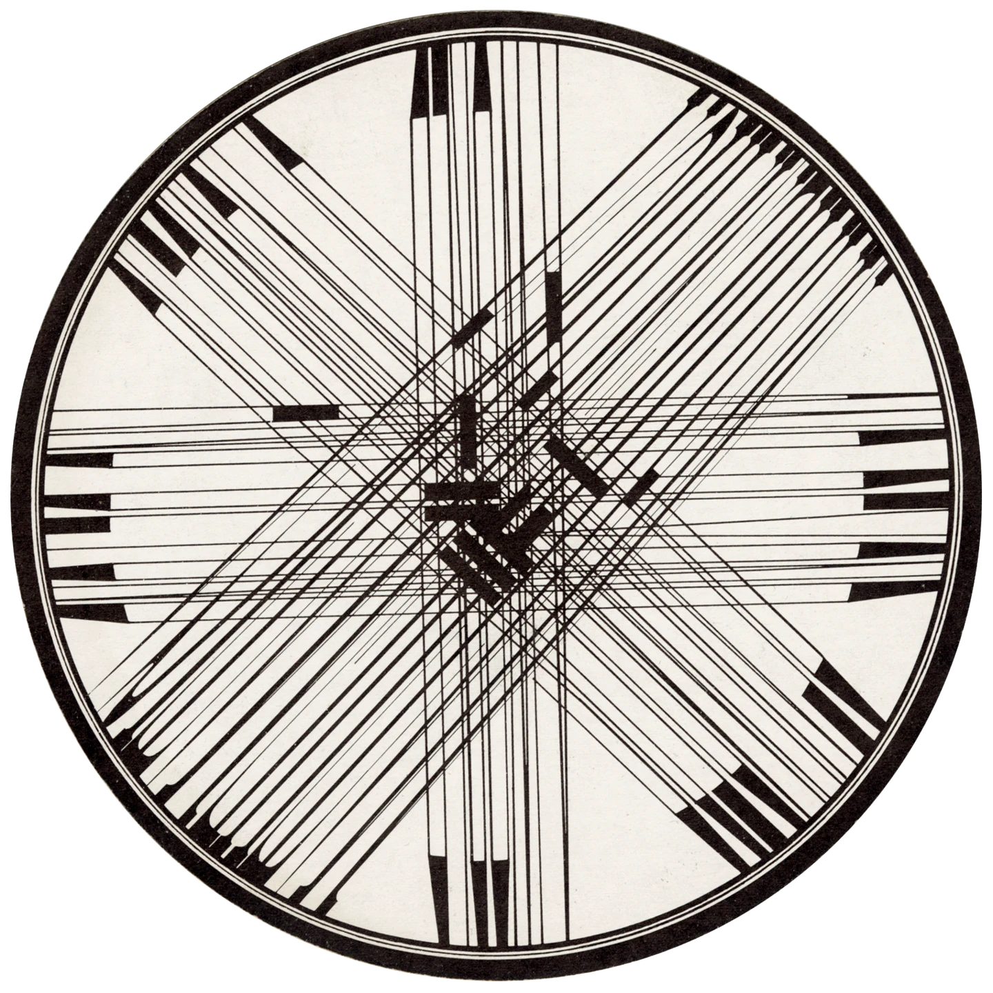 Round black and white graphic with overlapping lines that formed the title of the Eames Mathematica Exhibition.