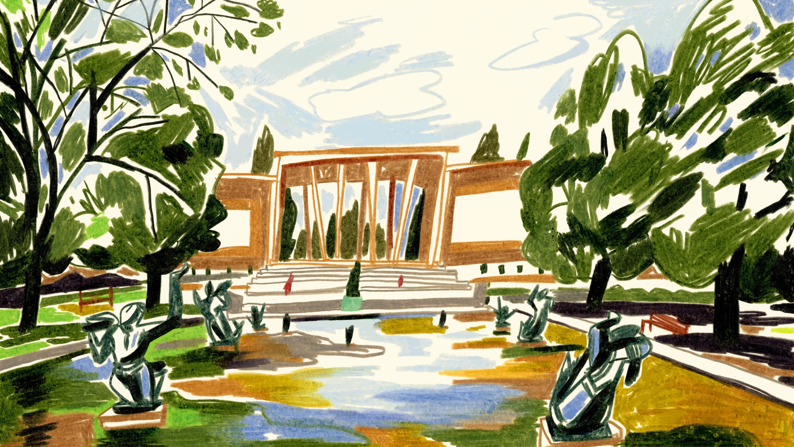 Exterior watercolor art of the Cranbrook Art Museum in Bloomfield Hills, Michigan.