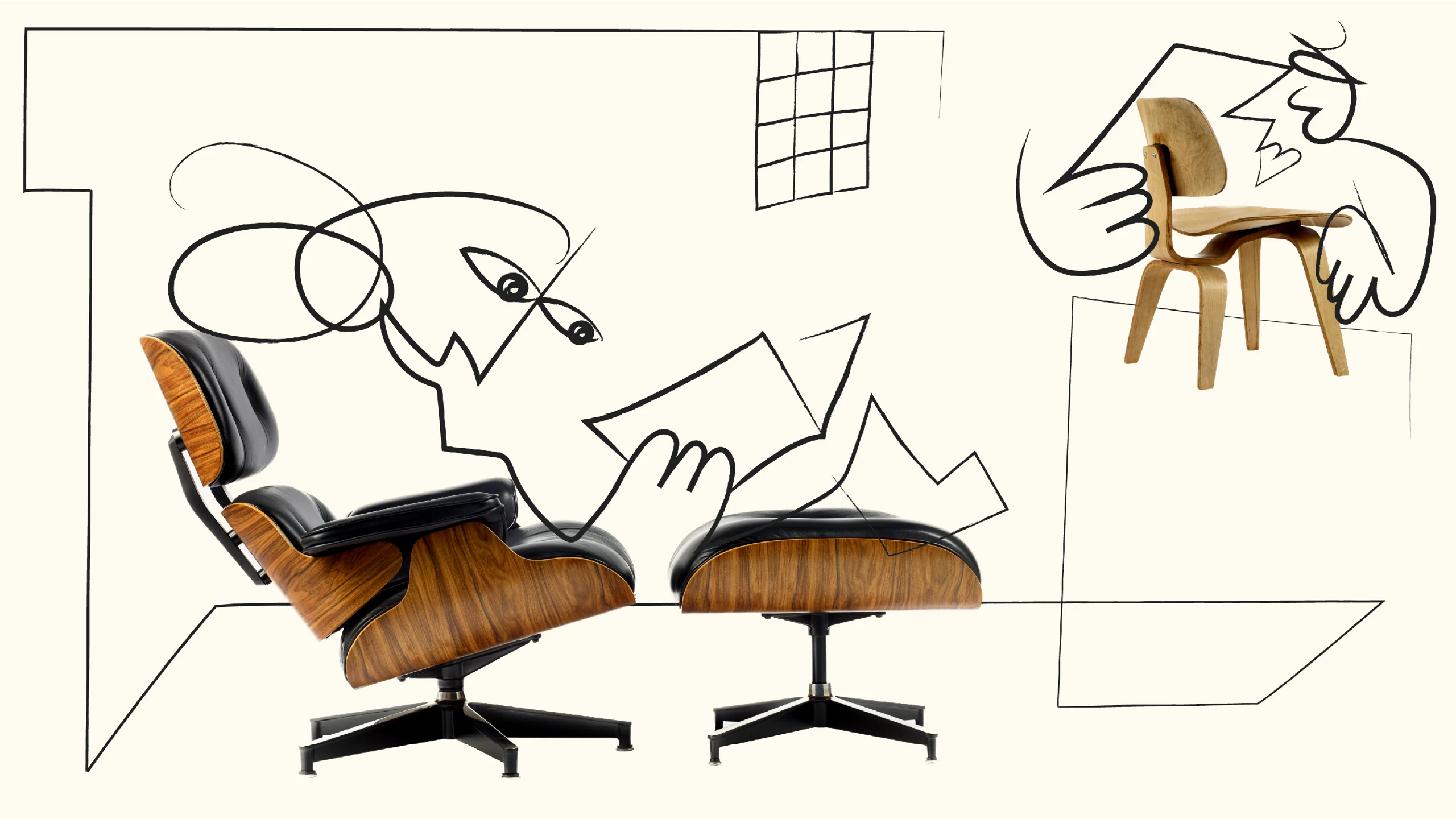 Eames lounge chair and ottoman and molded plywood dining chair paired with playful abstract line drawings, Kazam! Magazine.