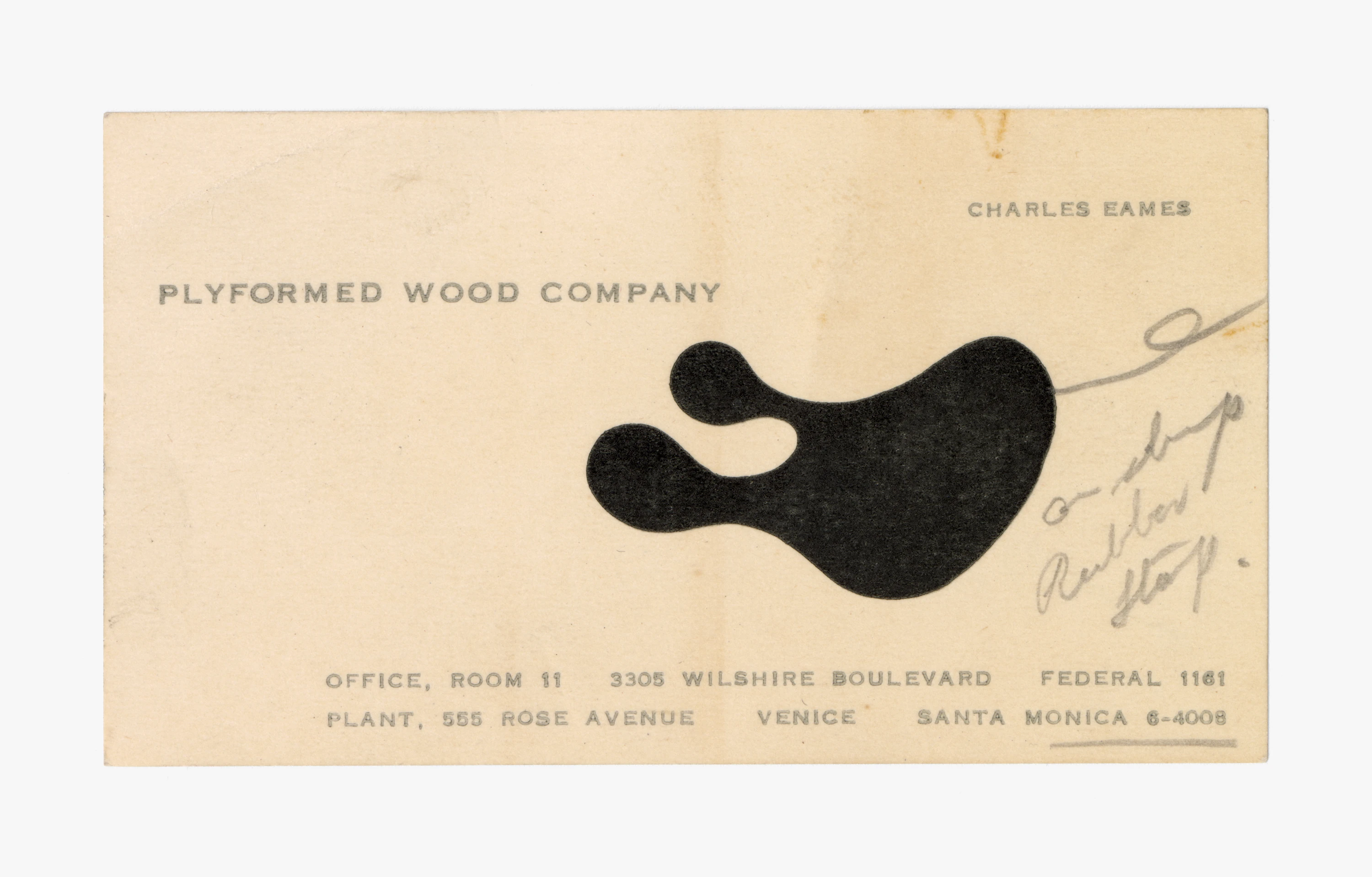 Charles Eames’ business card for the Plyformed Wood Company which prominently features the logo designed by Ray.