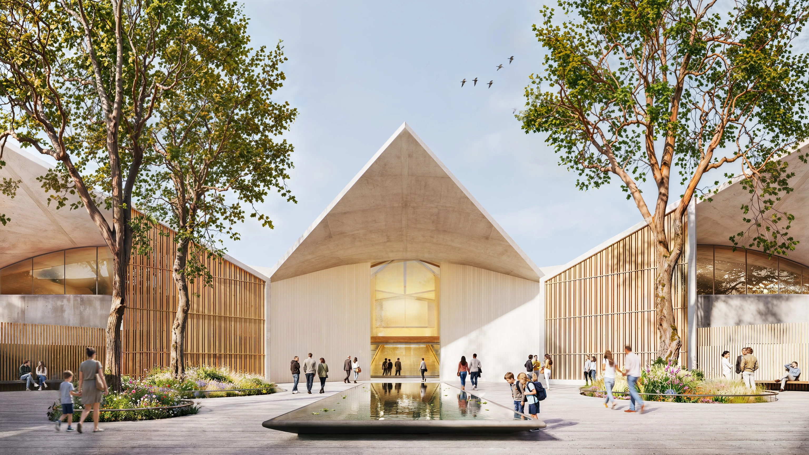 Front view design rendering by Herzog & de Meuron of the entrance for the future home of the Eames Institute Museum.