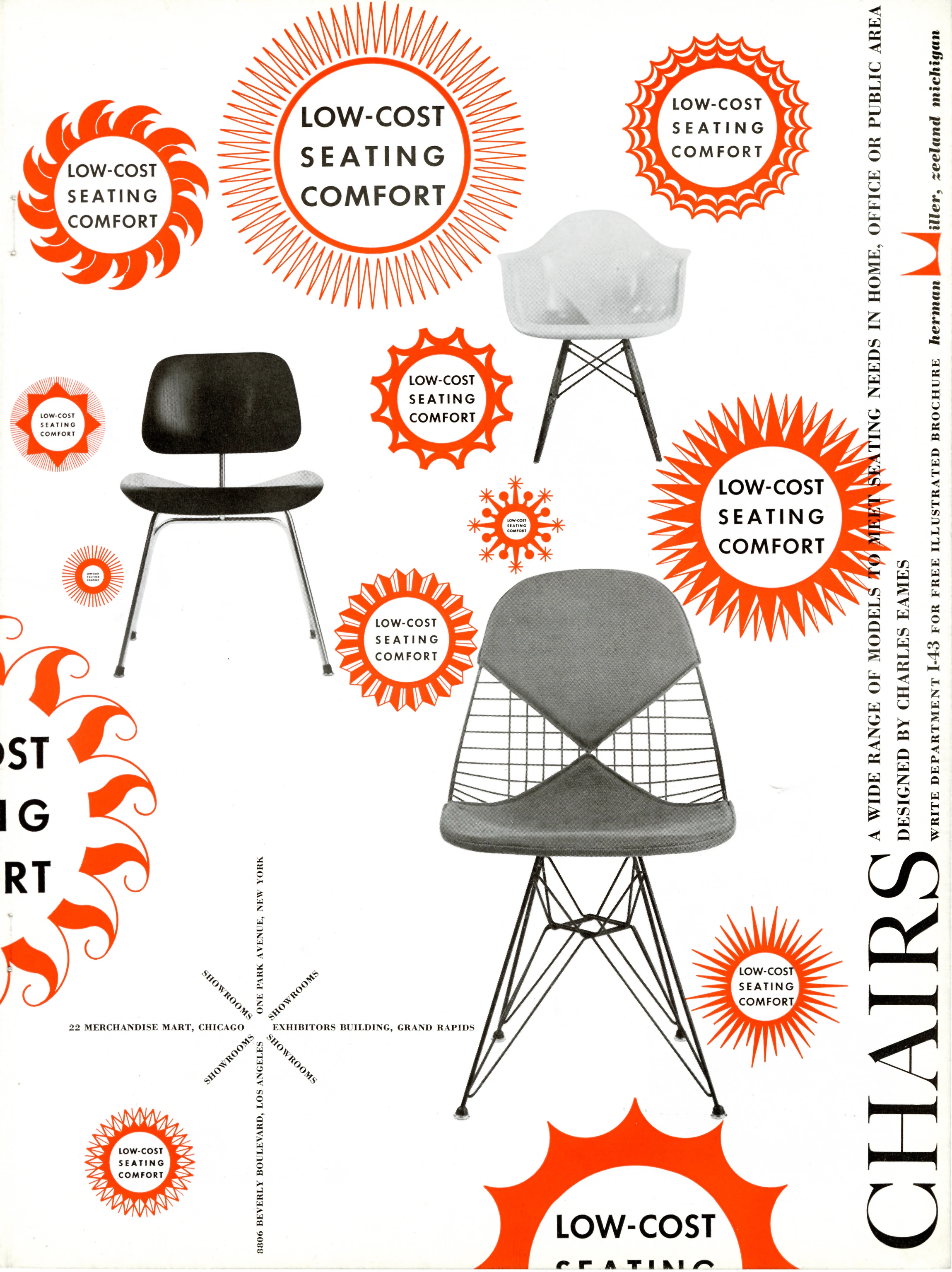 Herman Miller advertisement from 1951, featuring "low-cost" Eames chair designs with decorative circular artwork listing the features of the chairs.