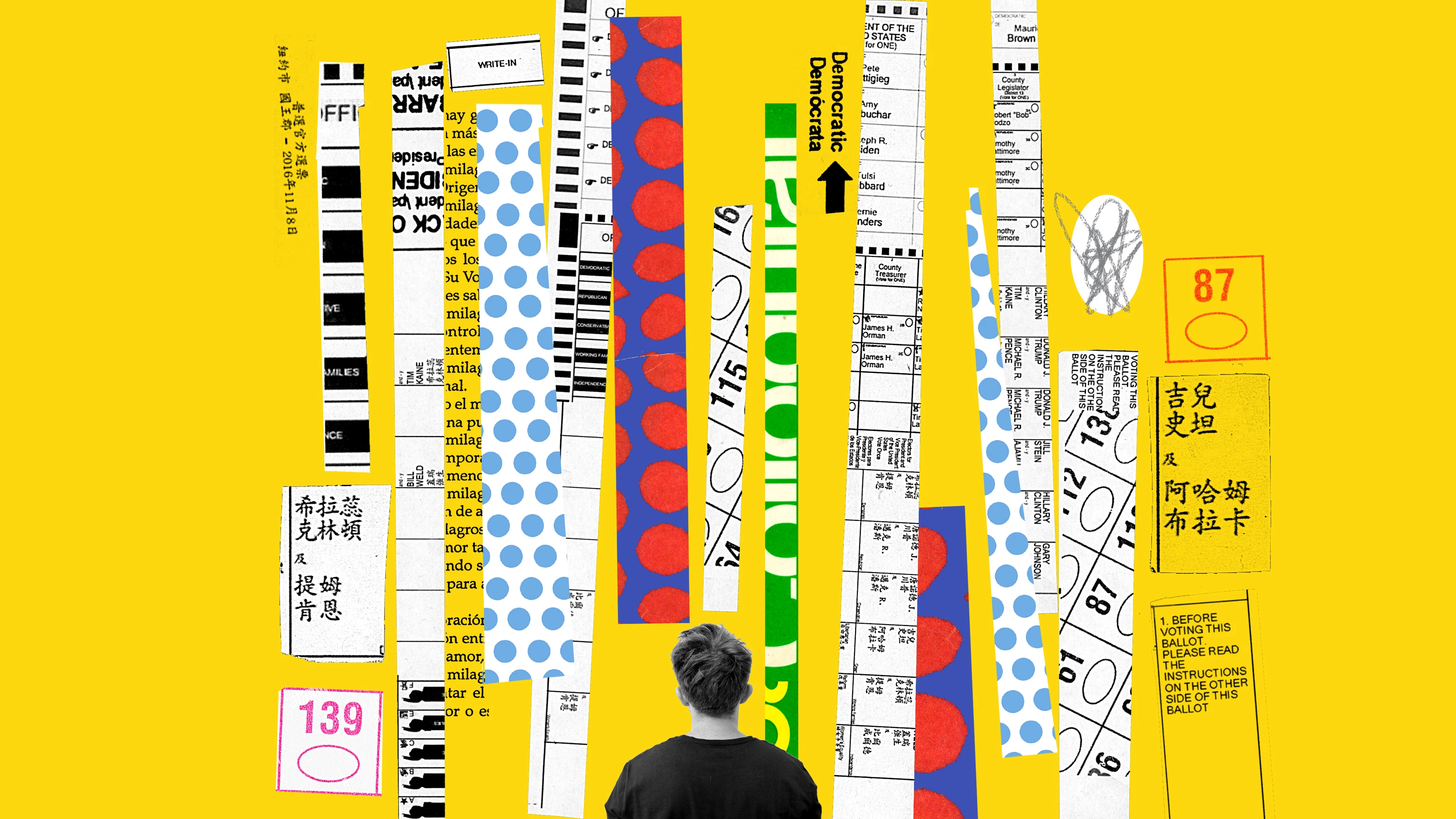 Brightly colored collage symbolizing democracy features portions of ballots and voting ephemera.