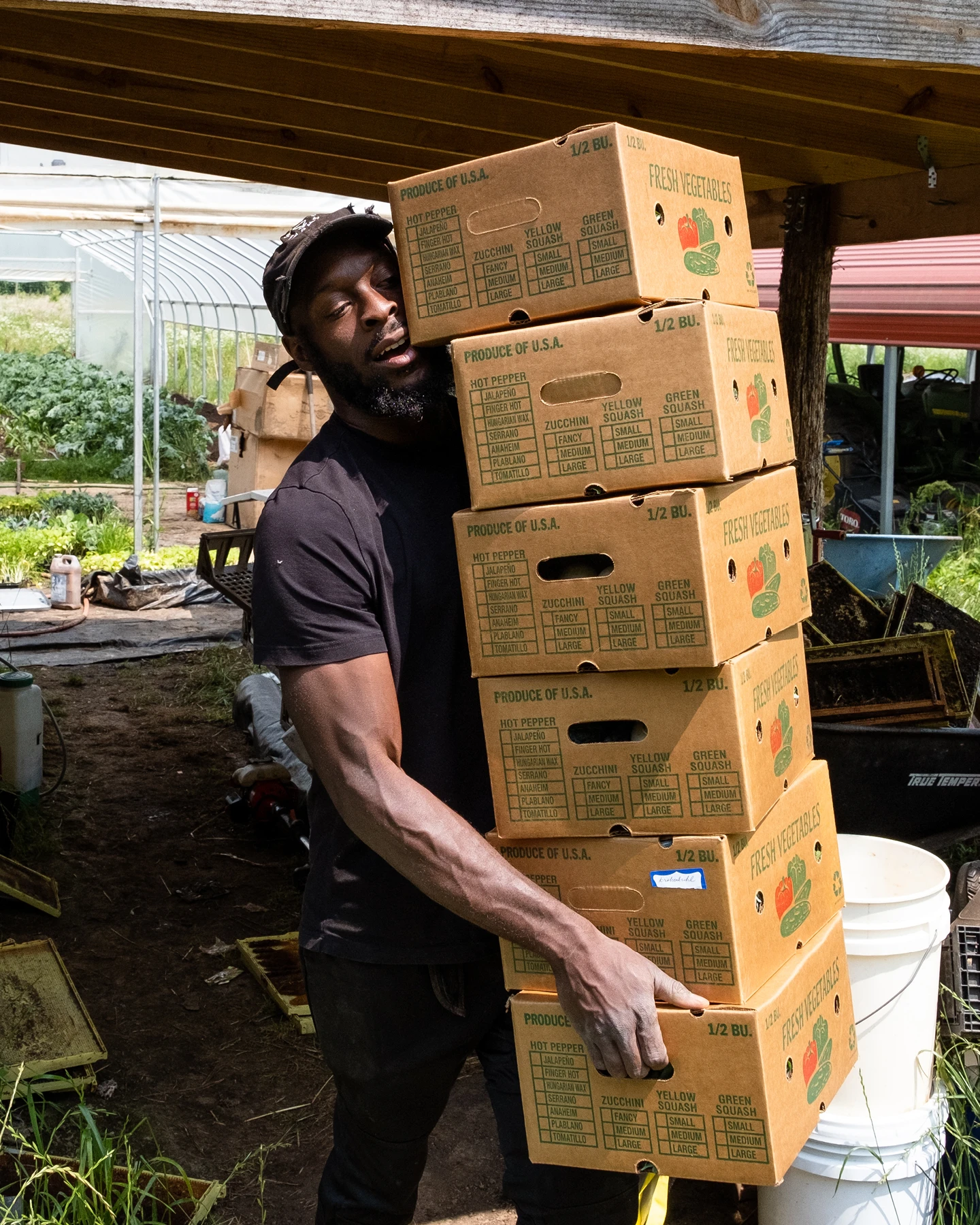 In Efland North Carolina, Sankofa Farms founder Kamal Bell carries cartons of produce, Kazam! Magazine.