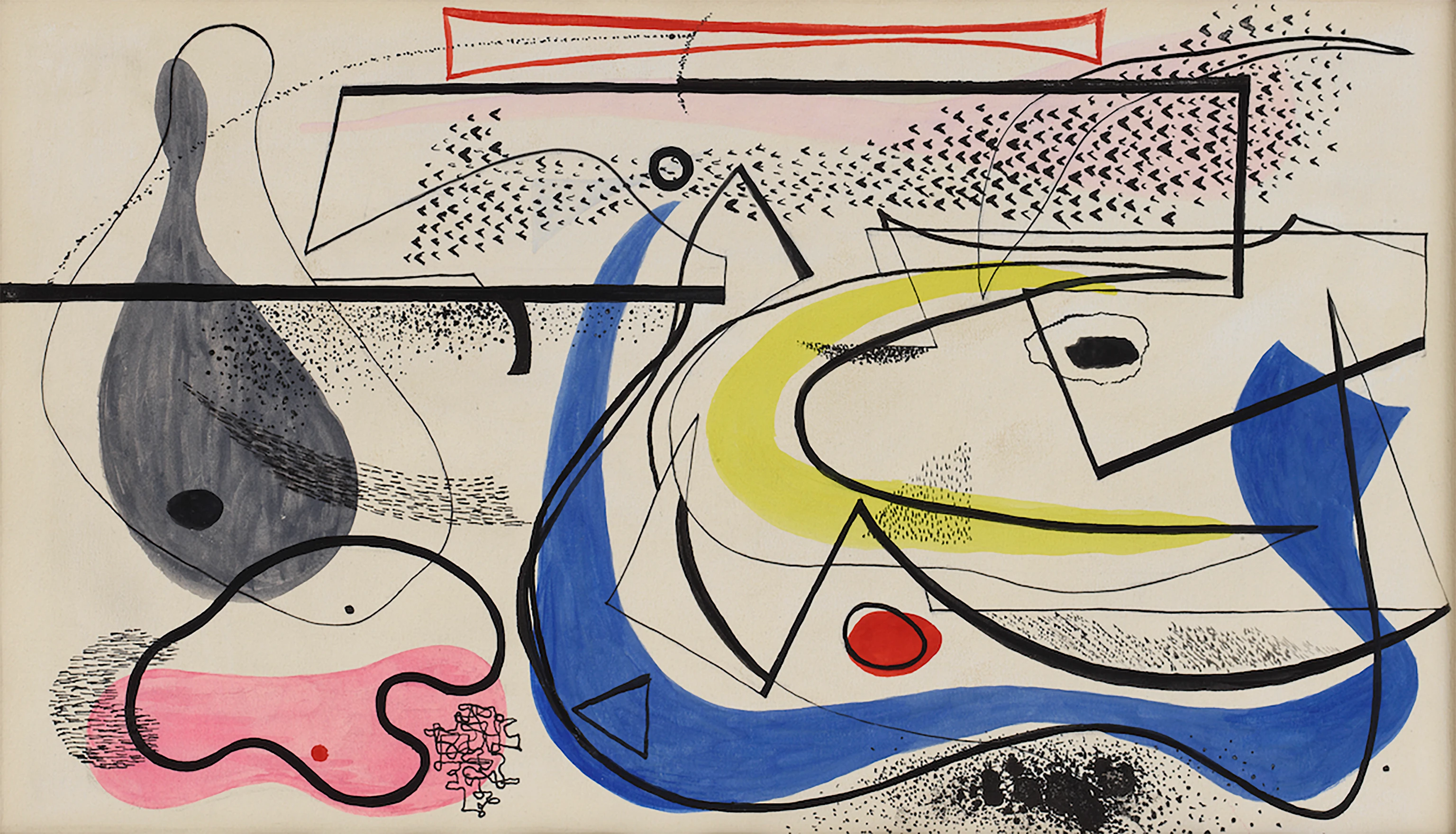 Abstract art in ink and gouache on paper, by Ray who dedicated this piece to her former teacher, artist Hans Hofmann.
