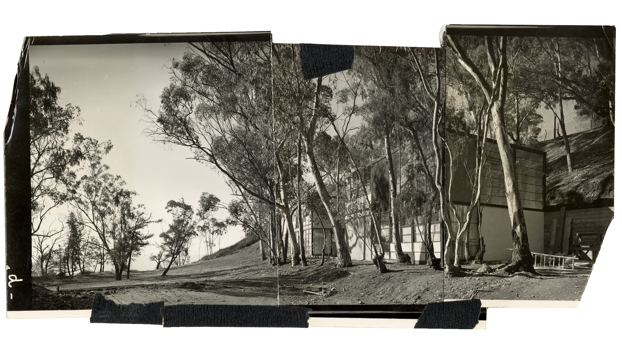 Eames Case Study House 8 exterior photos taped together to form a panoramic view.