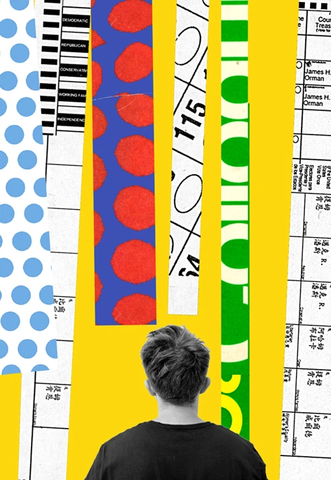 Brightly colored collage featuring portions of ballots and voting ephemera symbolizing democracy.