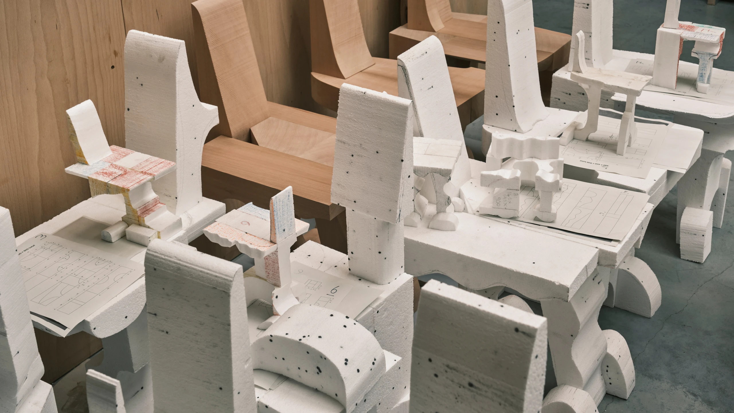 Furniture prototypes in Max Lamb's workshop.