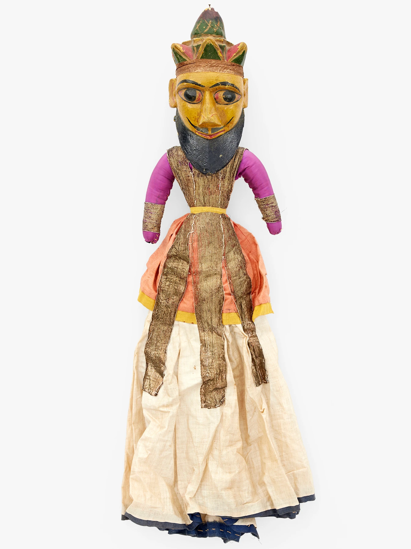 Front view of a puppet from India collected by Ray and Charles Eames. It has a painted wooden head and a fabric garment.