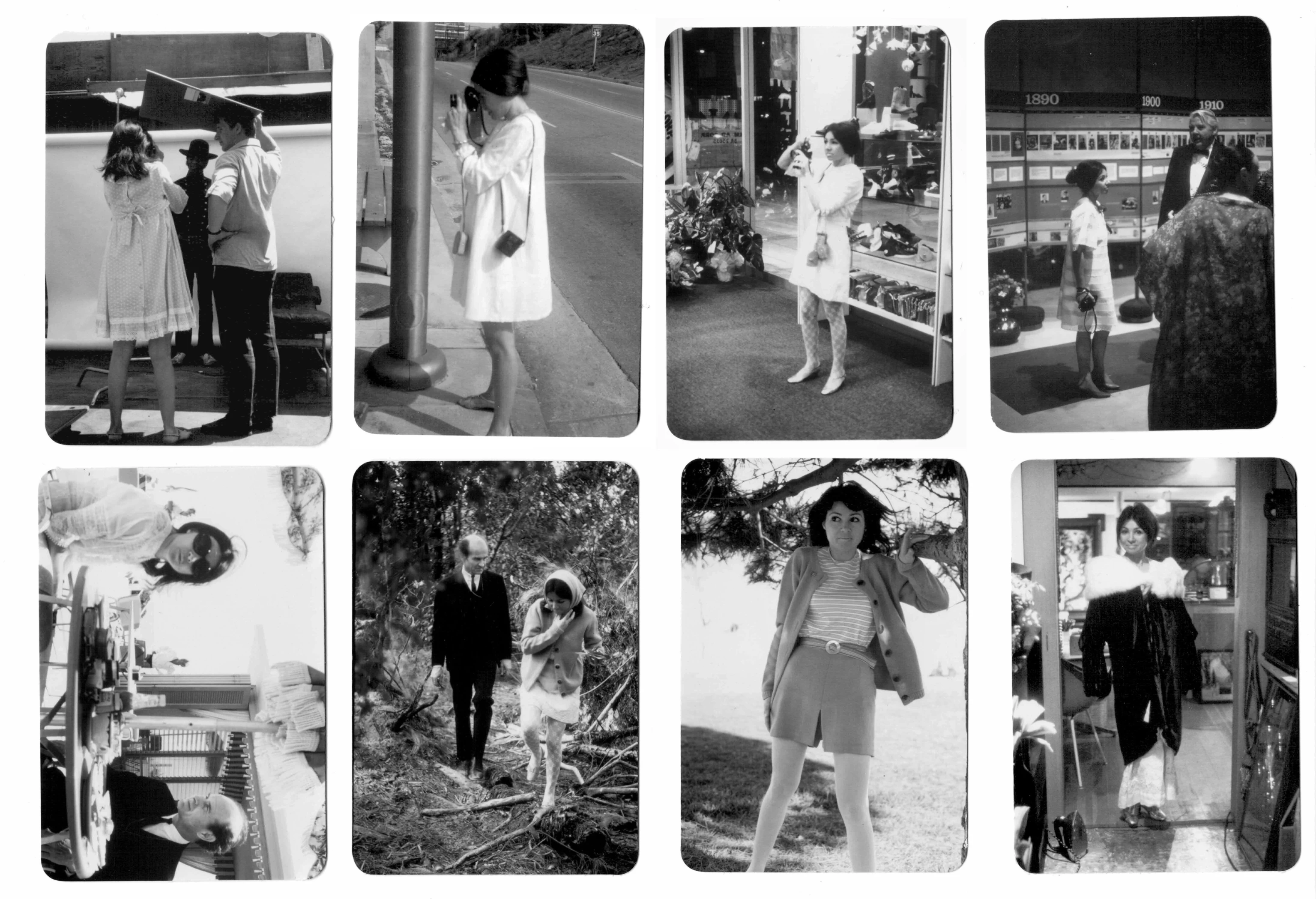A grid of eight black and white photos of Annette Del Zoppo who worked for the Eames Office.