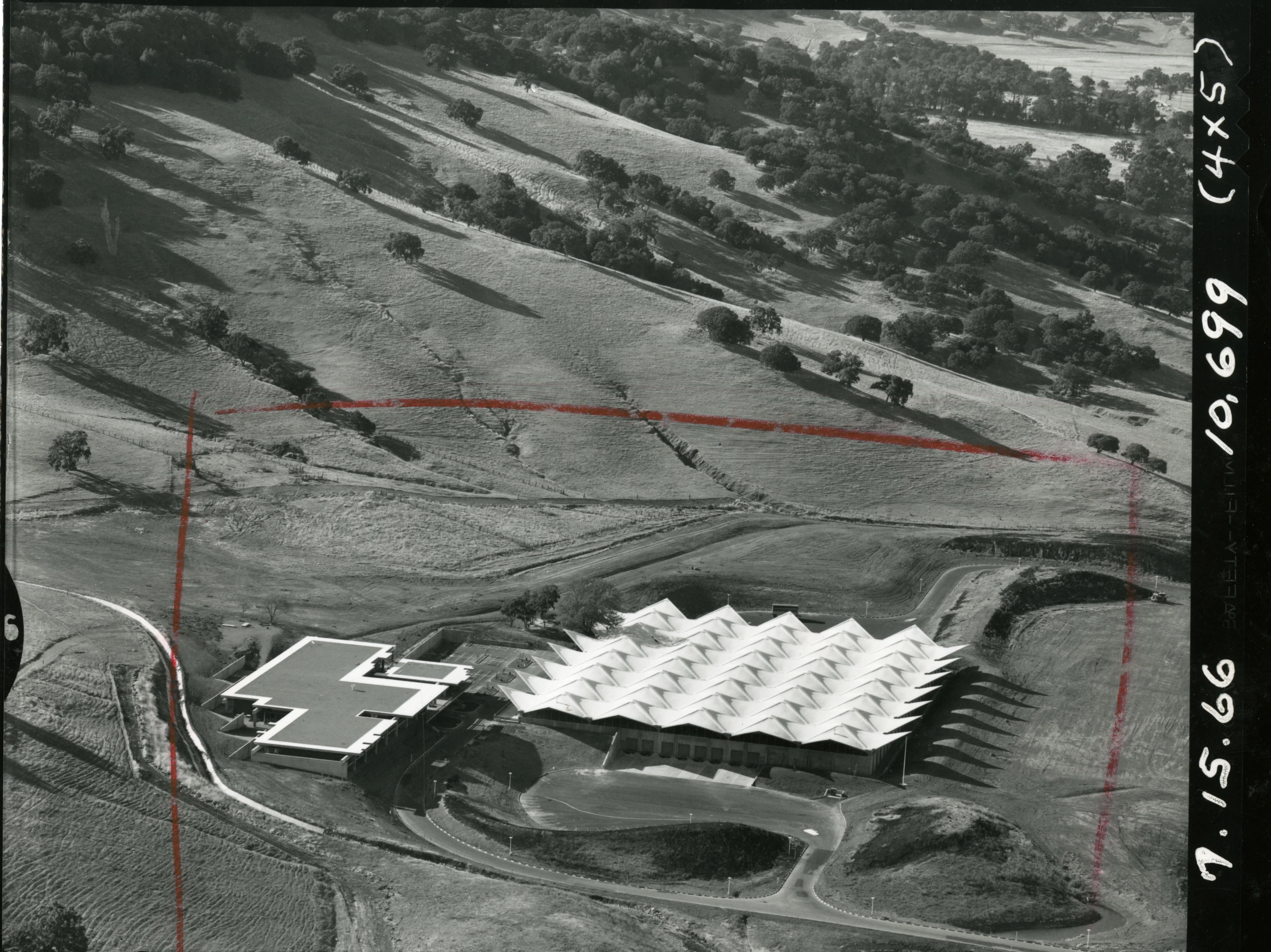 Elevated front view of the McGraw-Hill distribution center and office designed by John S. Bolles.