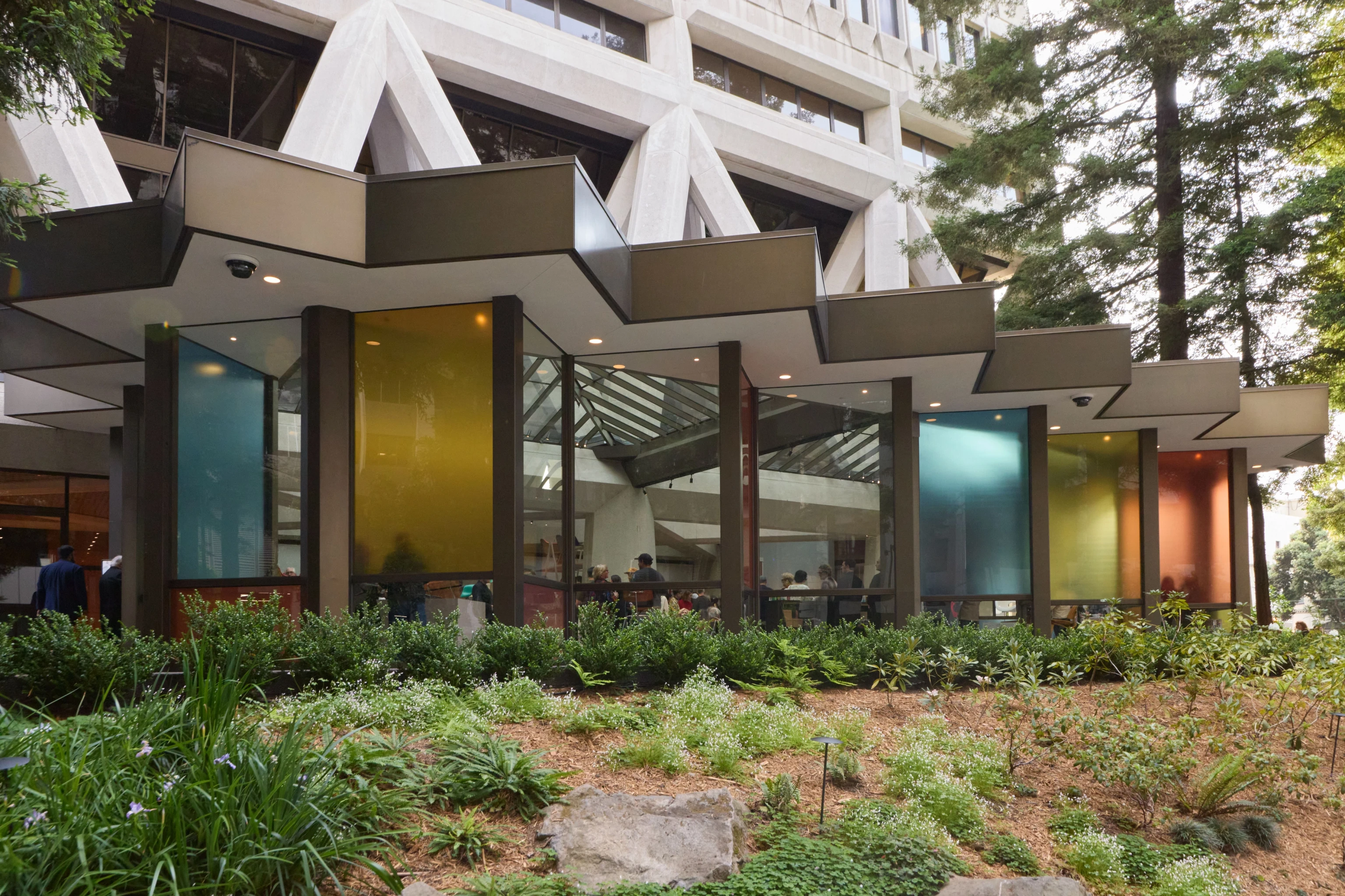 Exterior view of the Transamerica Pyramid Annex Gallery in San Francisco featuring several colored panels.