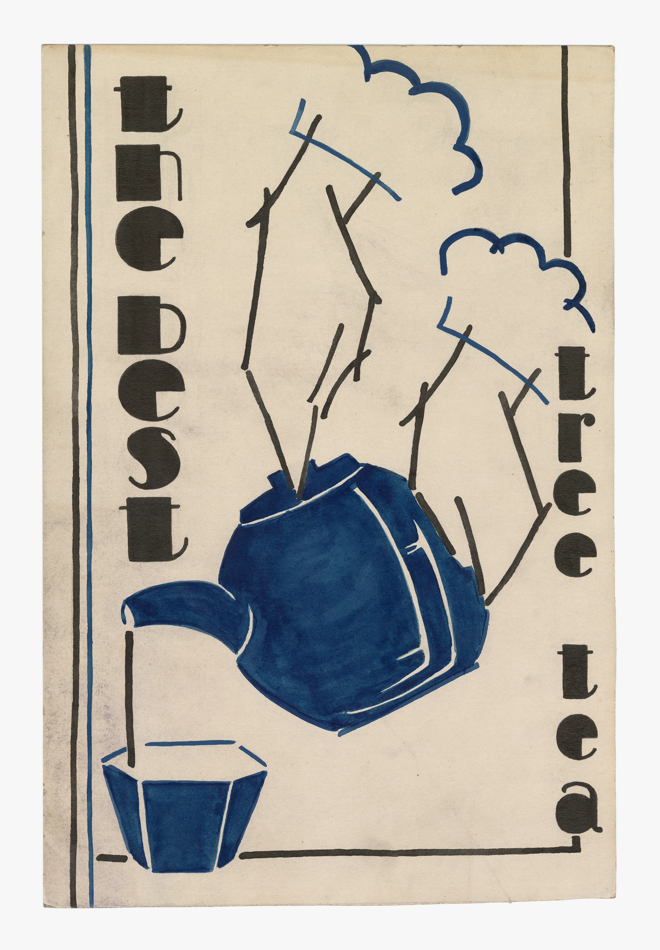 Ray Eames illustration of a blue tea pot and mug with the message, “The Best Tree Tea”.