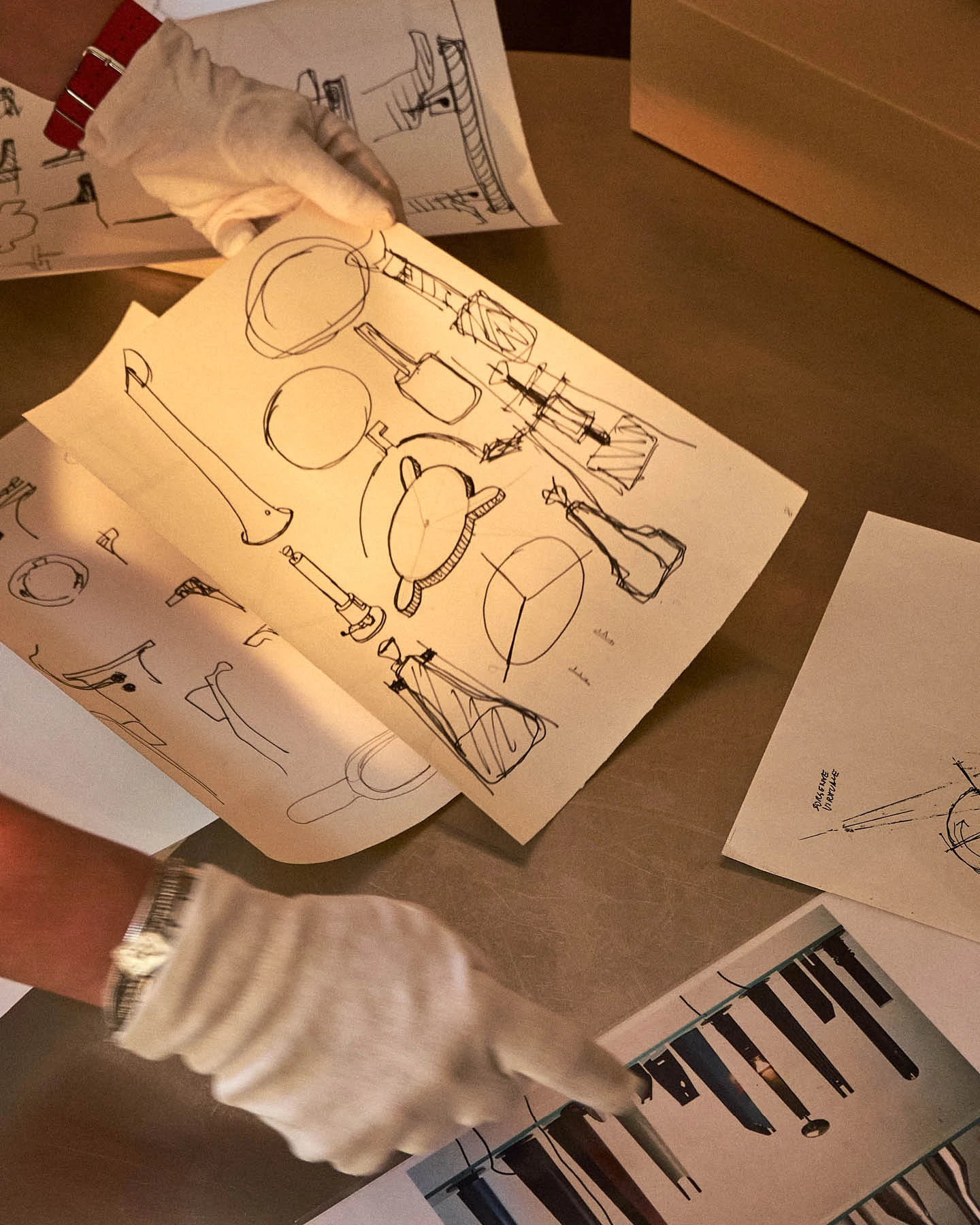 Several sketches of designs by Achille Castiglioni in his Milan studio show his design process.