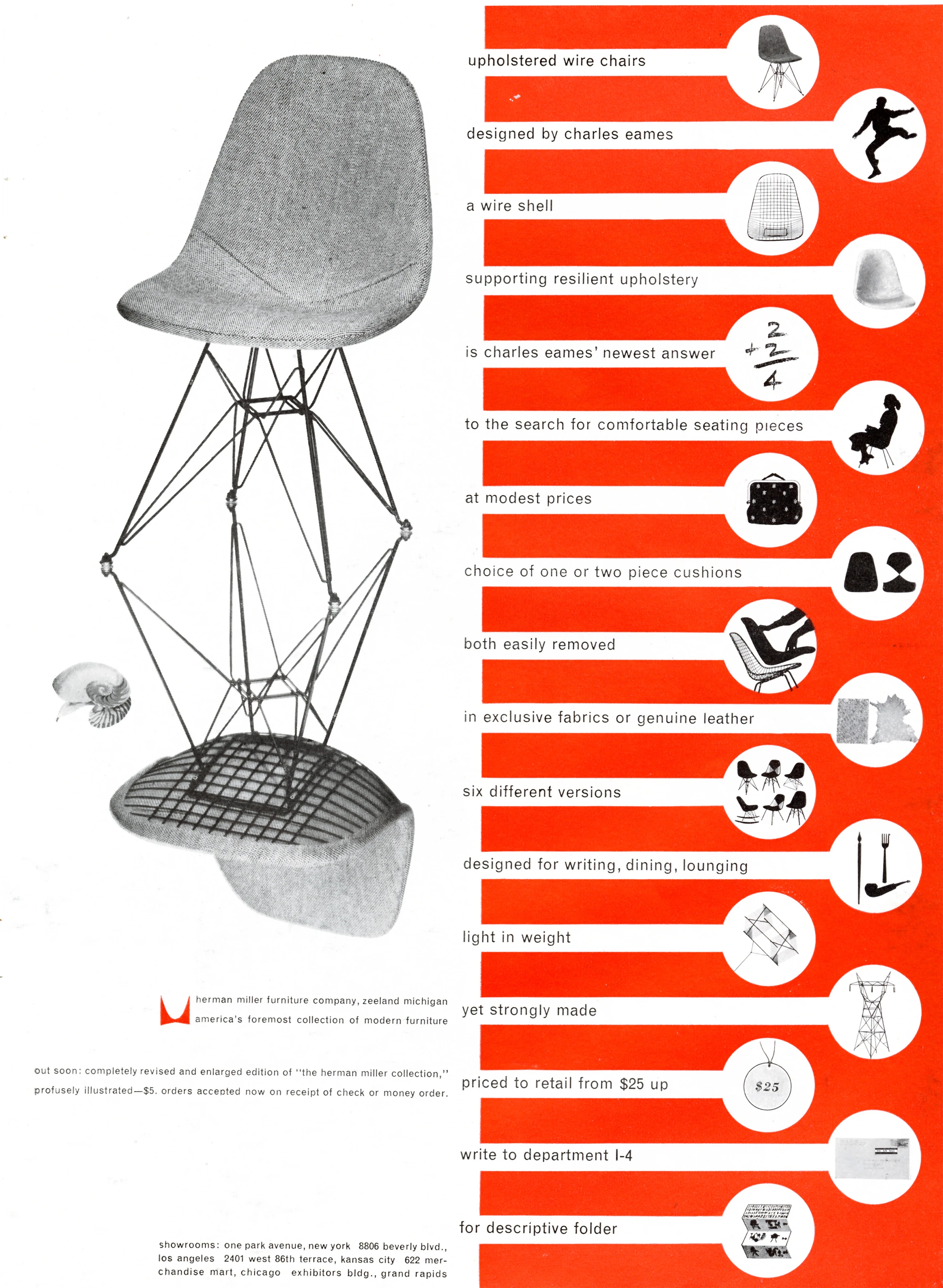 Herman Miller advertisement from 1951, featuring the upholstered Eames wire chair with a mirror image of the chair below it.