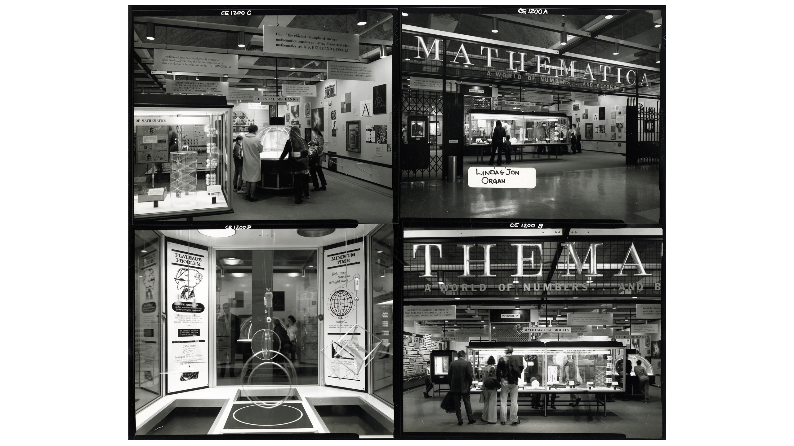 Views of several installations and the entrance of the Eames Mathematica Exhibition.