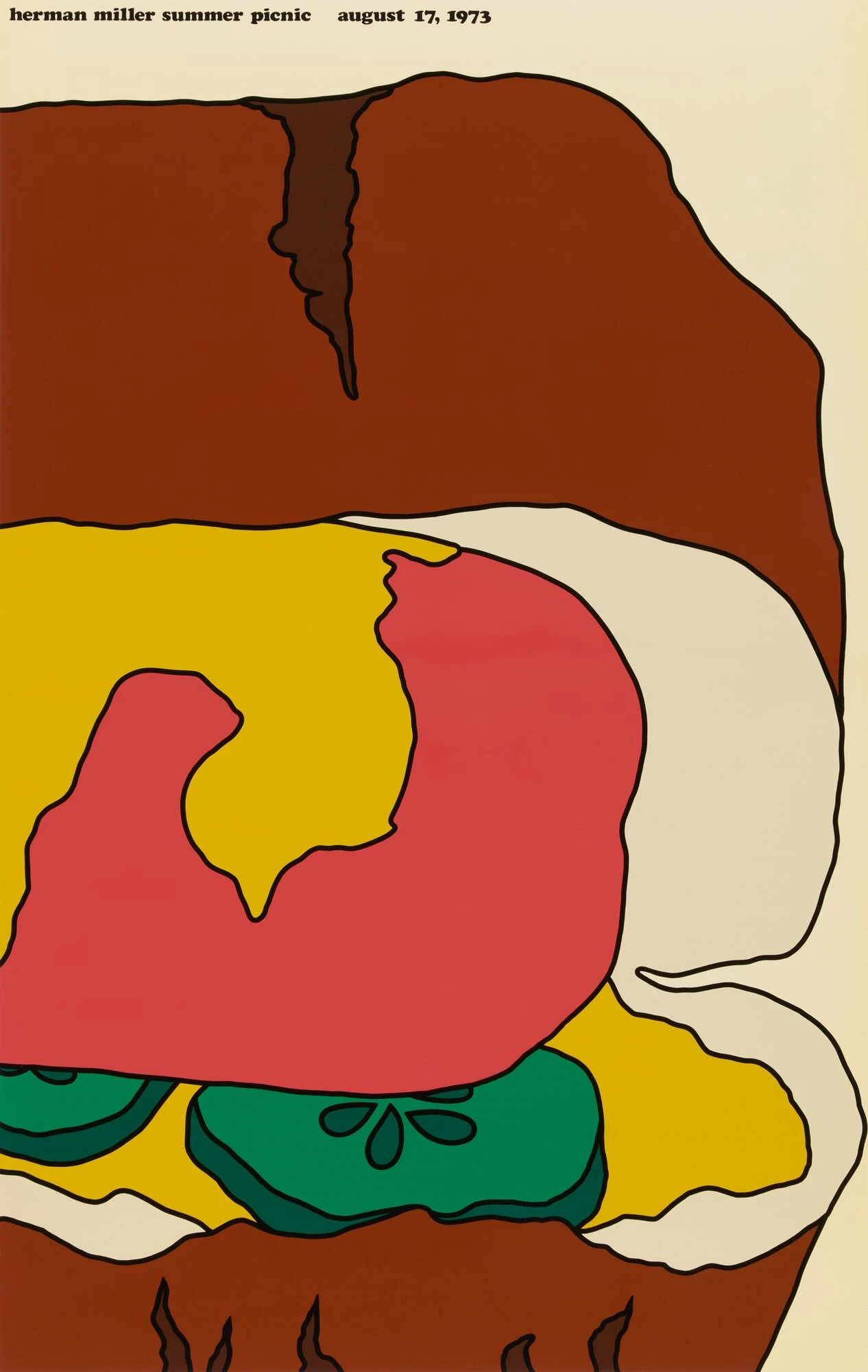 1973 summer picnic poster design by Steve Frykholm, featuring a close up of cheeseburger with pickles.