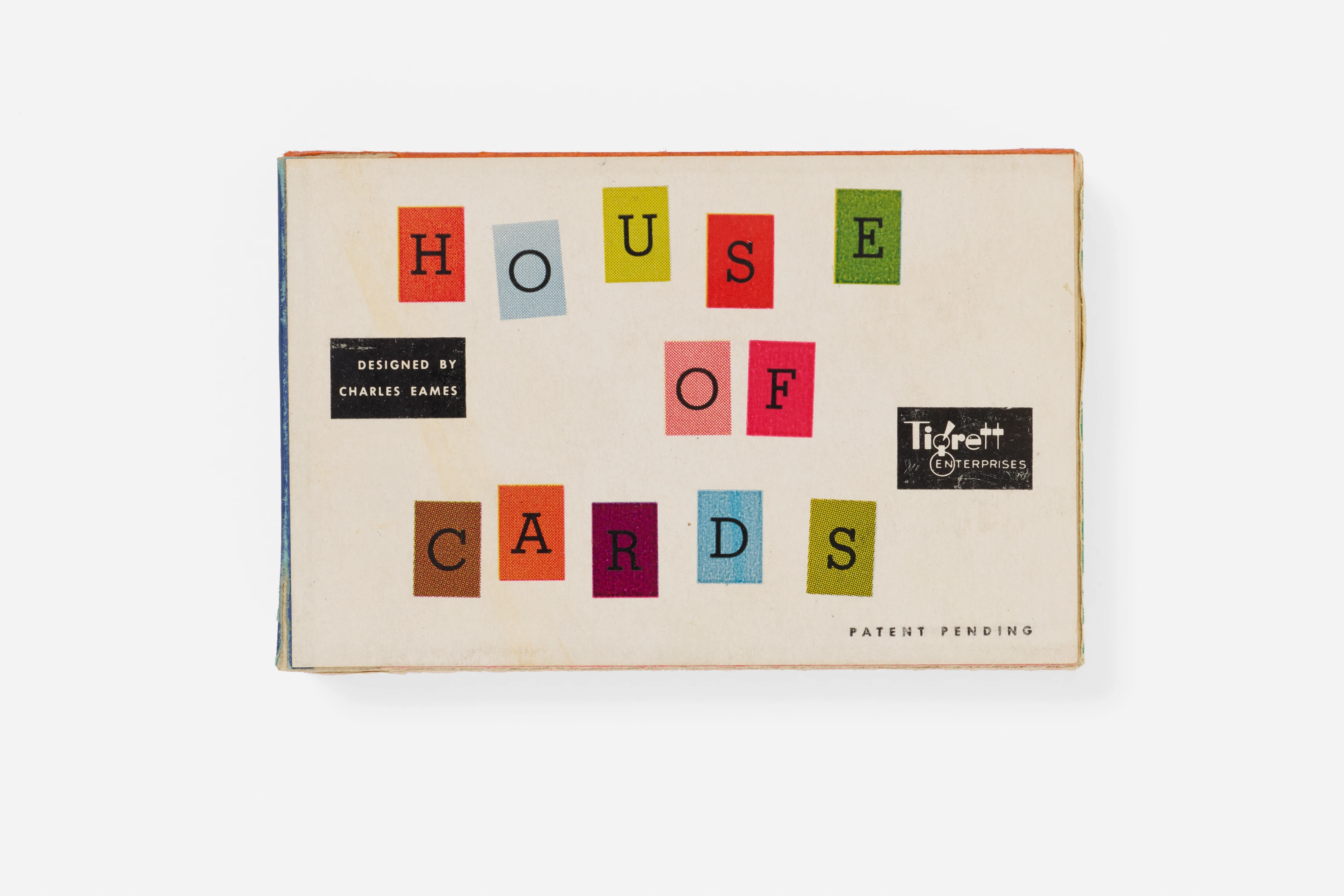 Box mock-up by Ray Eames featuring multicolored rectangles containing letters spelling out House of Cards.