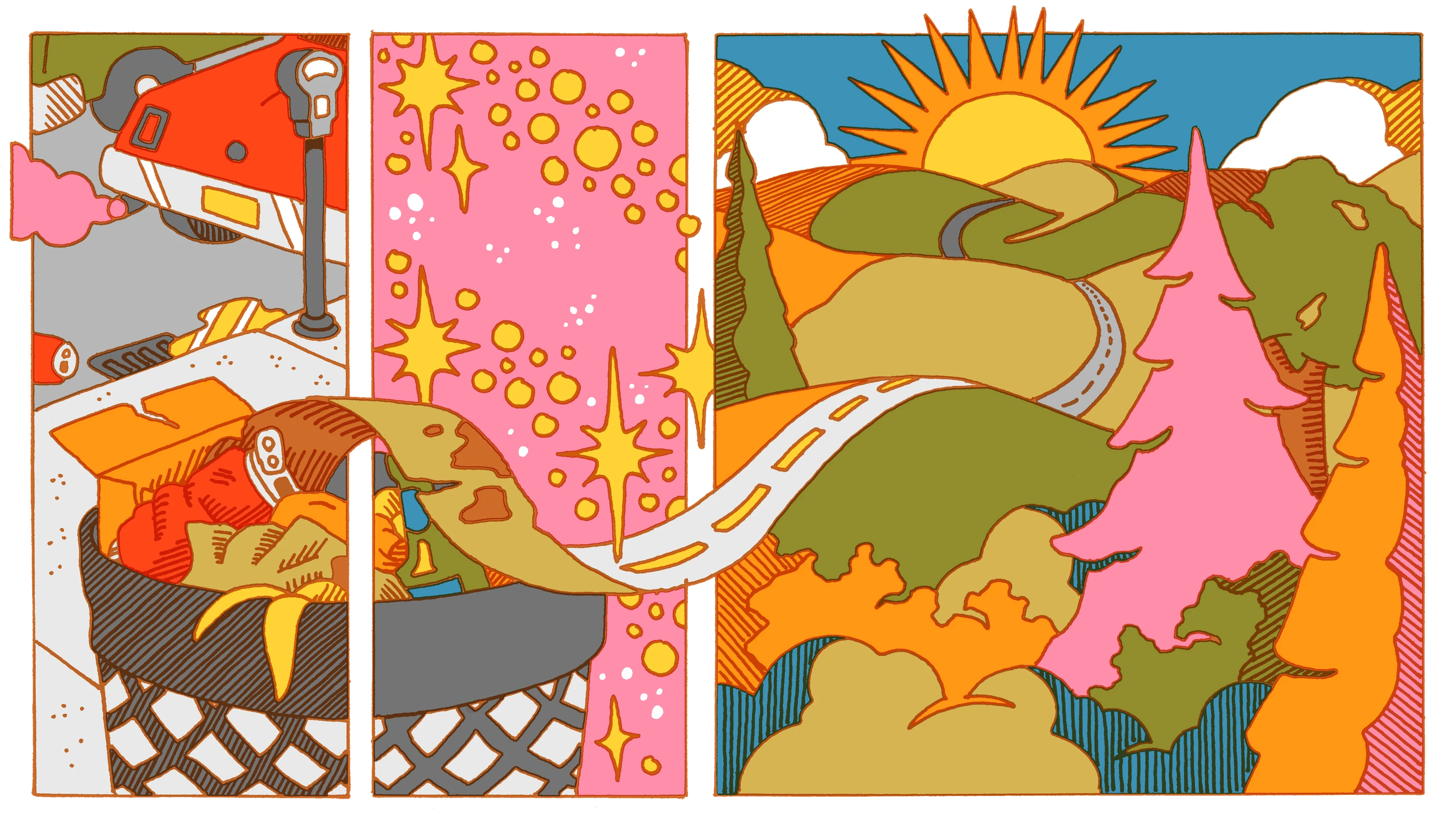 Illustration depicting sustainable design issues such as zero waste, circularity, and the circular economy.