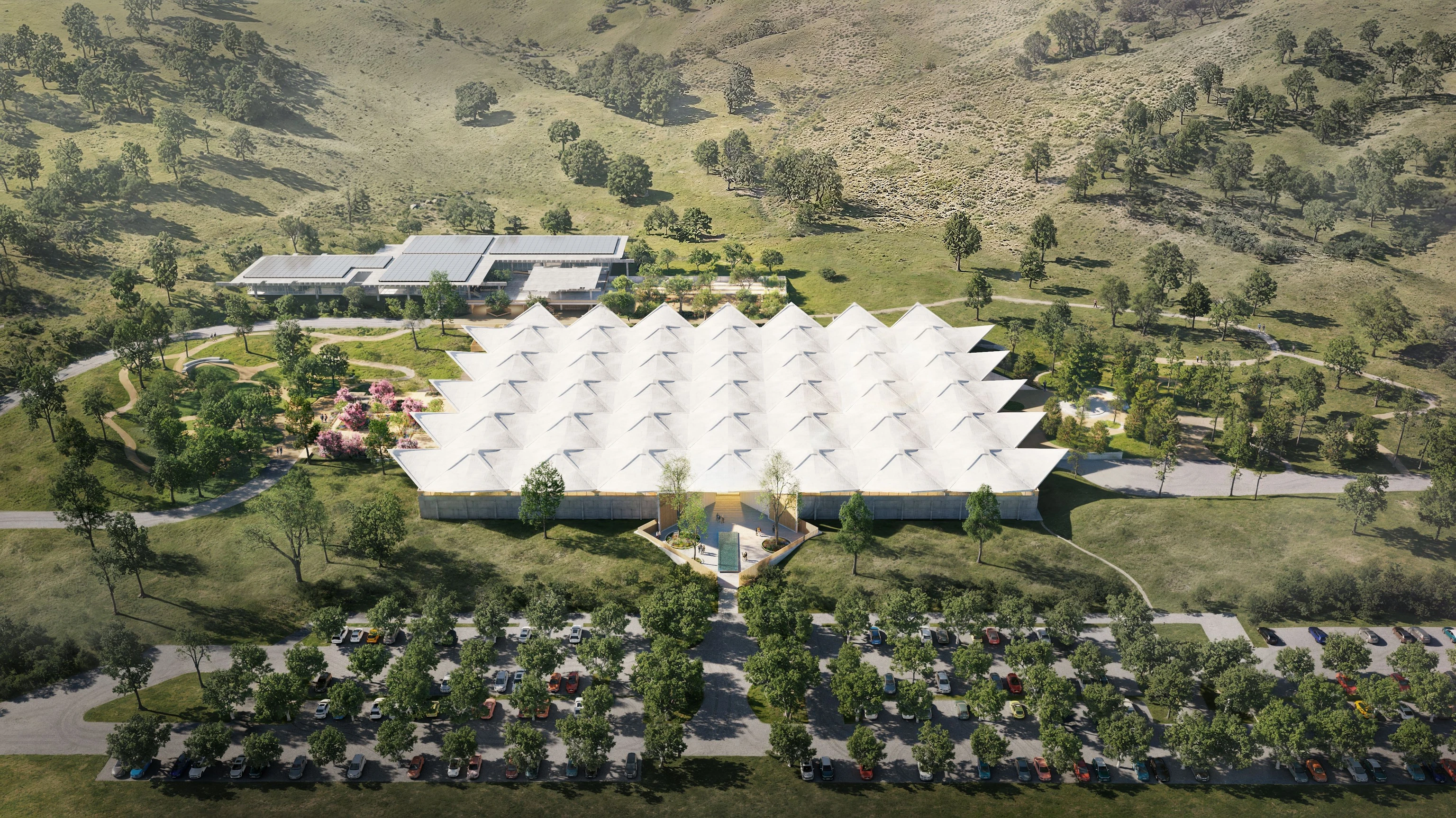 Top view of the iconic hypar roof of the former Birkenstock campus warehouse and the future Eames Institute Museum.