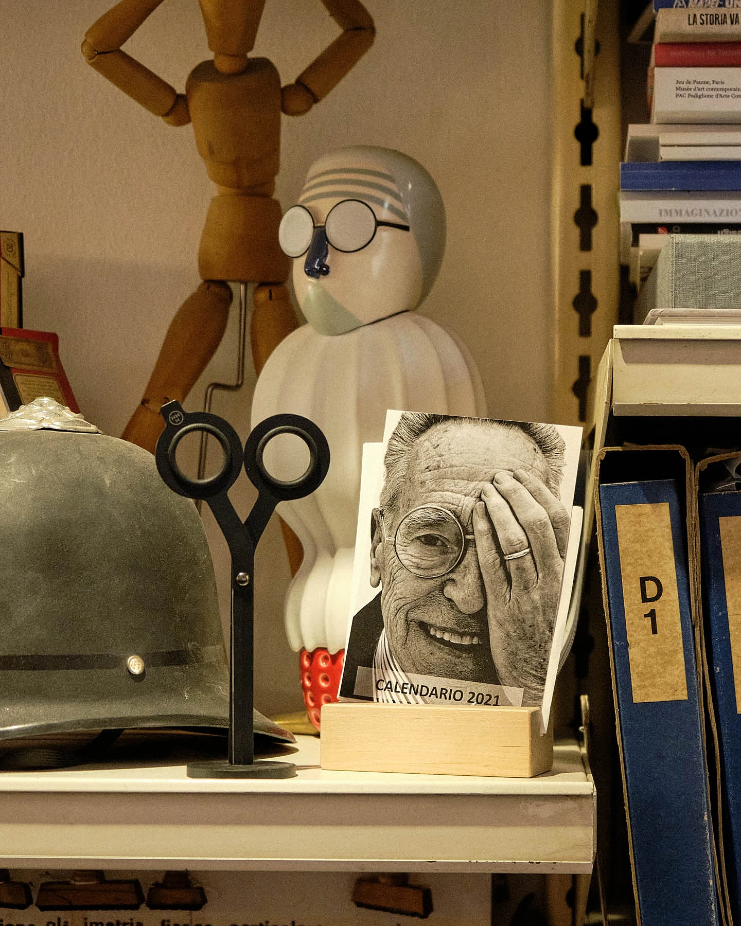 A corner of the Milan studio of Achille Castiglioni with several ceramic, wooden, and metal items he collected.