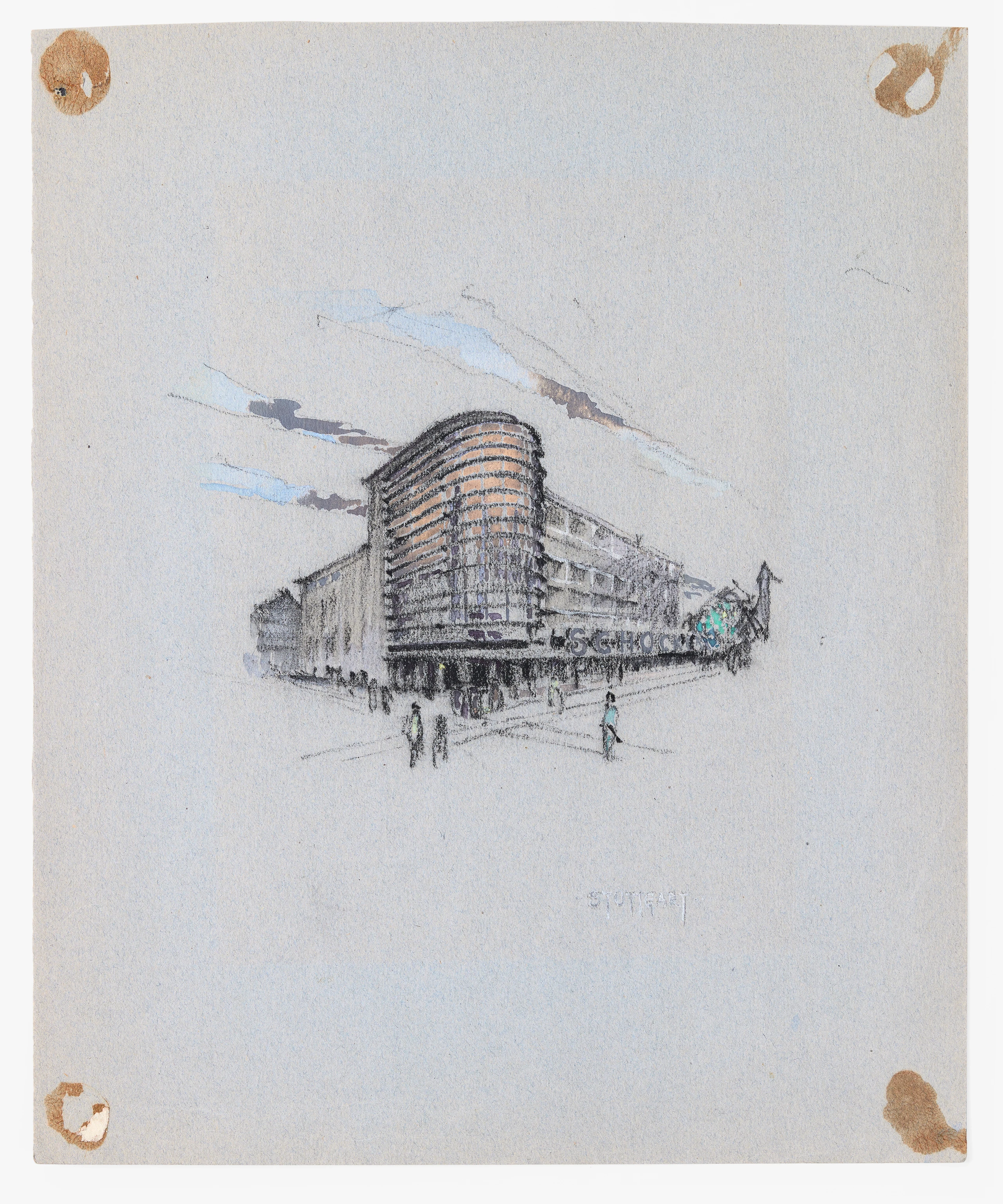 A drawing made by Charles Eames in charcoal and watercolor on paper that depicts the Schocken department store in Stuttgart.
