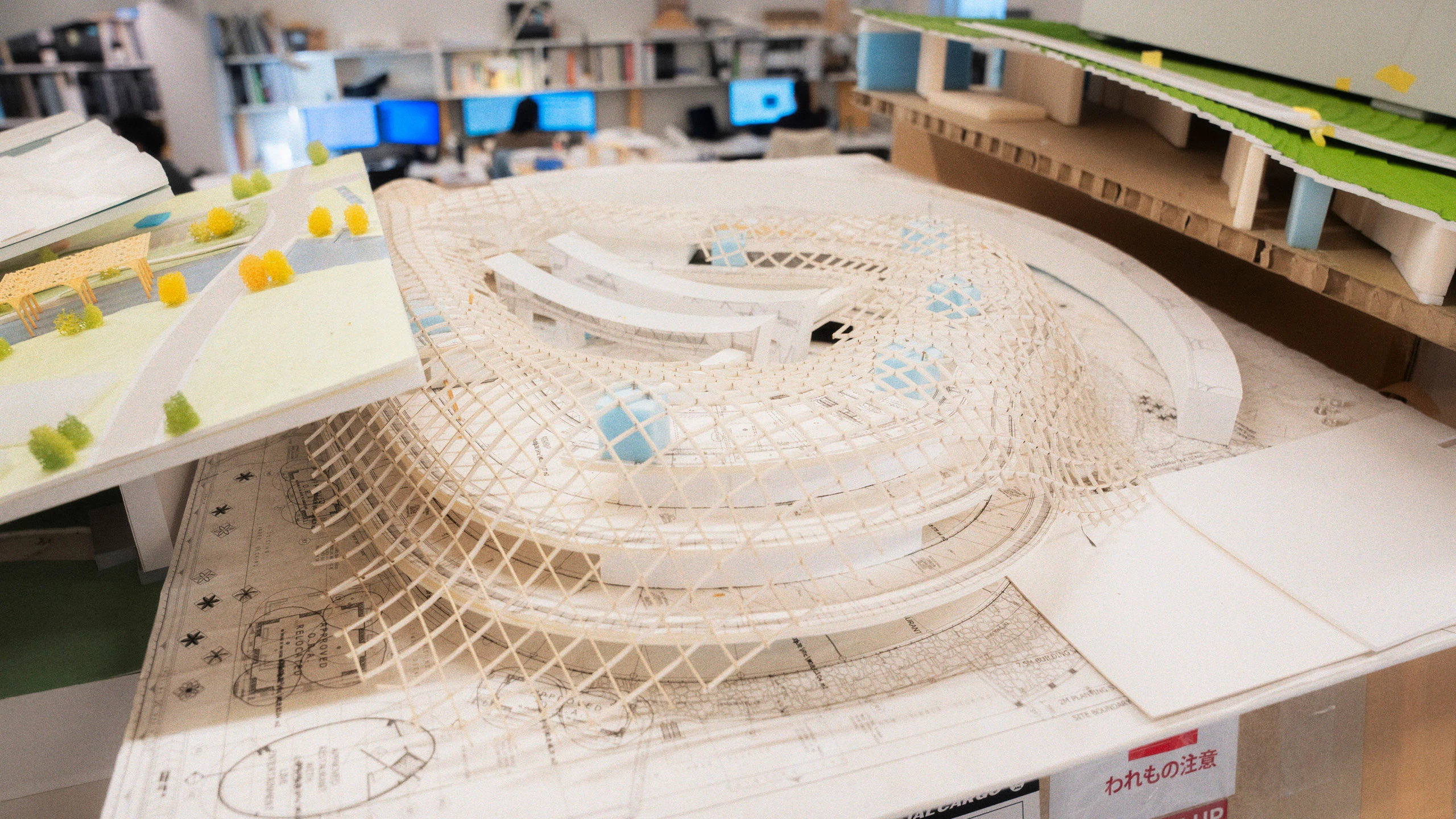 Close up view of architectural models from the office of Shigeru Ban Architects.