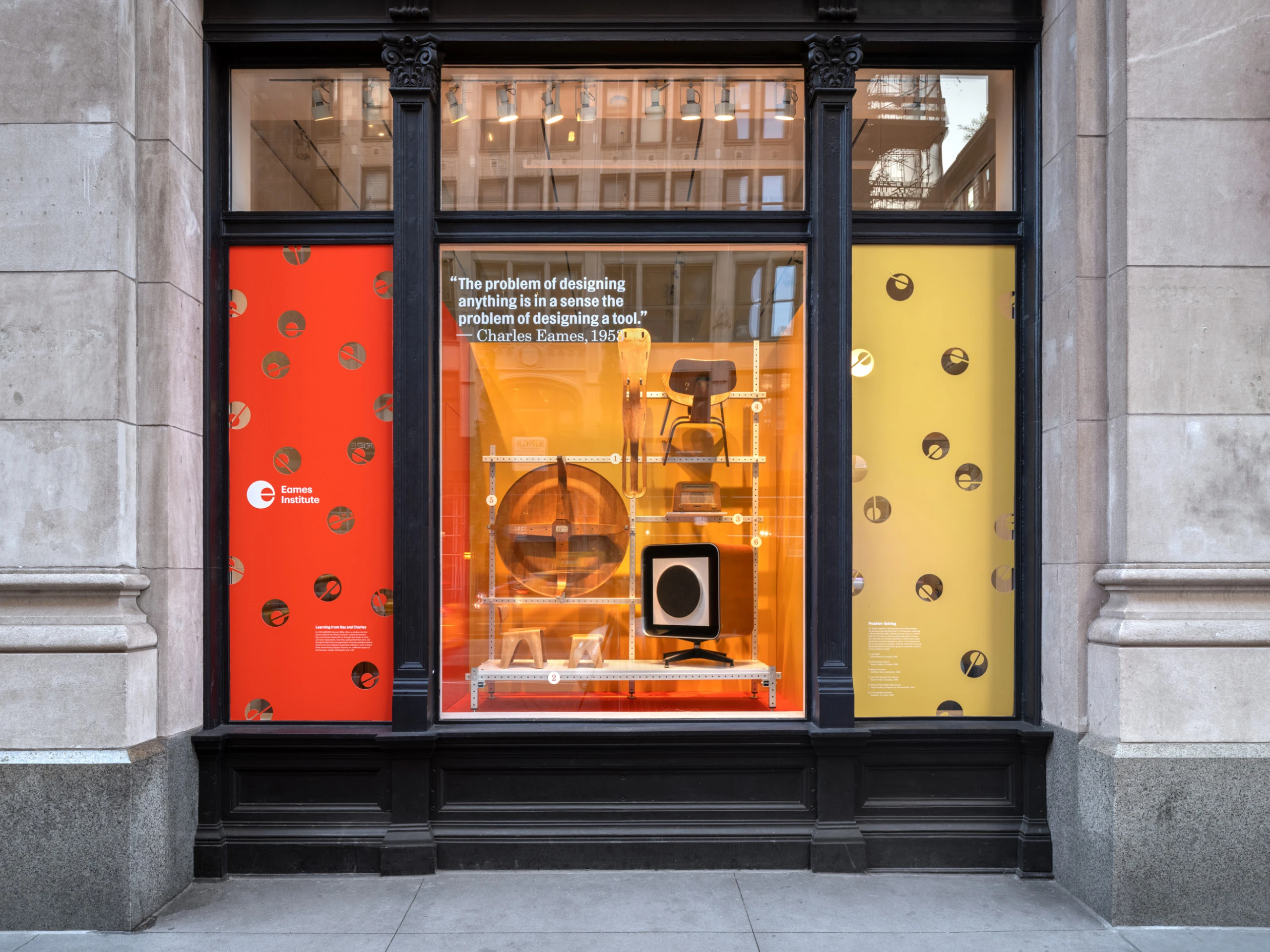 Herman Miller window display featuring an Eames child’s chair and stool, ash dining chair, walnut coffee table, a leg splint, a 1946 radio enclosure for the Hoffman Radio Corporation, and a 1956 E-4 Quadraflex Speaker for Stephens Tru-Sonic.